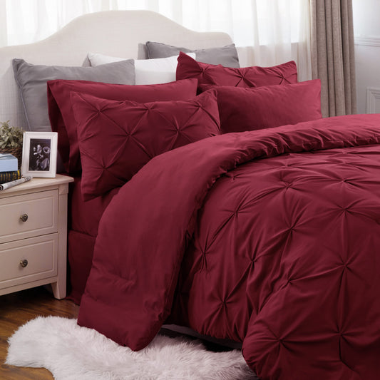 Bedsure Twin Comforter Set with Sheets - 5 Pieces Twin Bedding Sets, Pinch Pleat Burgundy Twin Bed in a Bag with Comforter, Sheets, Pillowcase & Sham