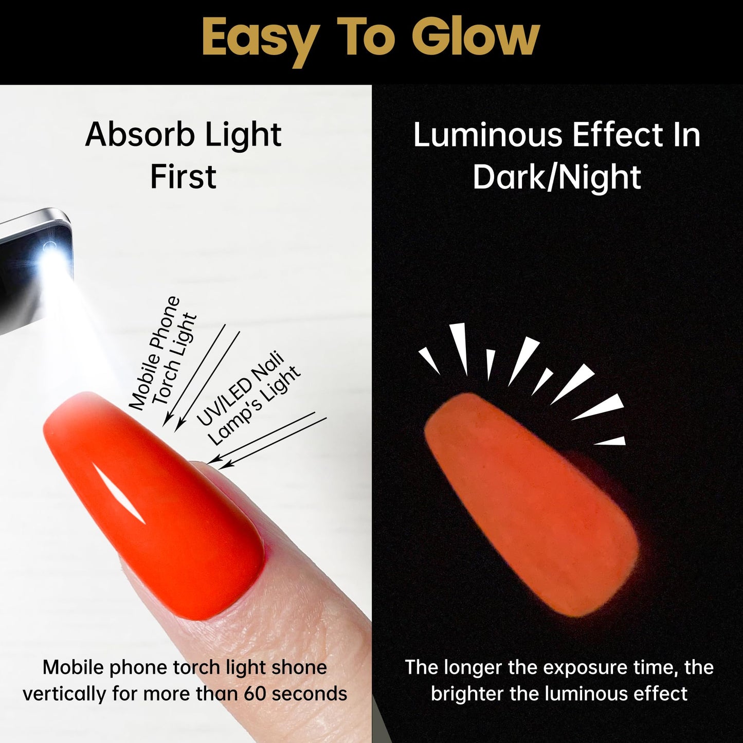 YTD Likomey Glow in the Dark Gel Nail Polish,15ml Bright Orange Luminous Glow Effect UV Nails Gel,Fluorescent Bright Manicure Salon Home DIY UV Manicure Nail Art Varnish,YG07