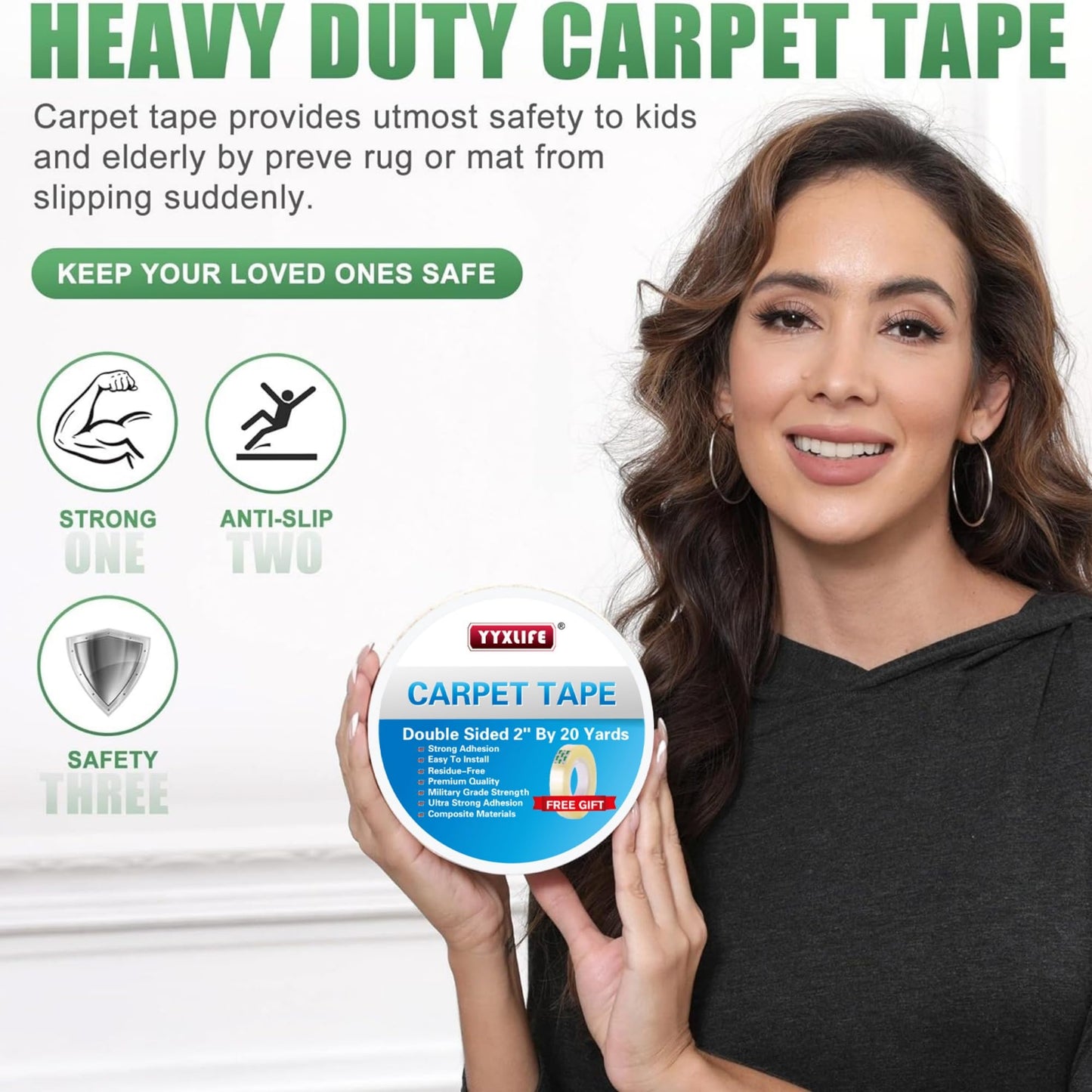 YYXLIFE Double Sided Carpet Tape,2Inch x 20 Yards,for Area Rugs Carpet Adhesive Removable Multi-Purpose Rug Tape Cloth for Hardwood Floors,Outdoor Rugs,Heavy Duty Sticky Tape,White