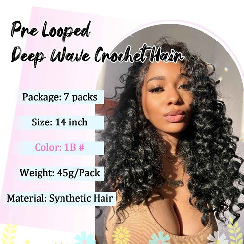 Gowit Pre Looped Deep Wave Crochet Hair 14 Inch 7 Packs Short Curly Black Pre Twisted Ocean Wave Deep Twist Crochet Braids Synthetic Braiding Hair for Black Women