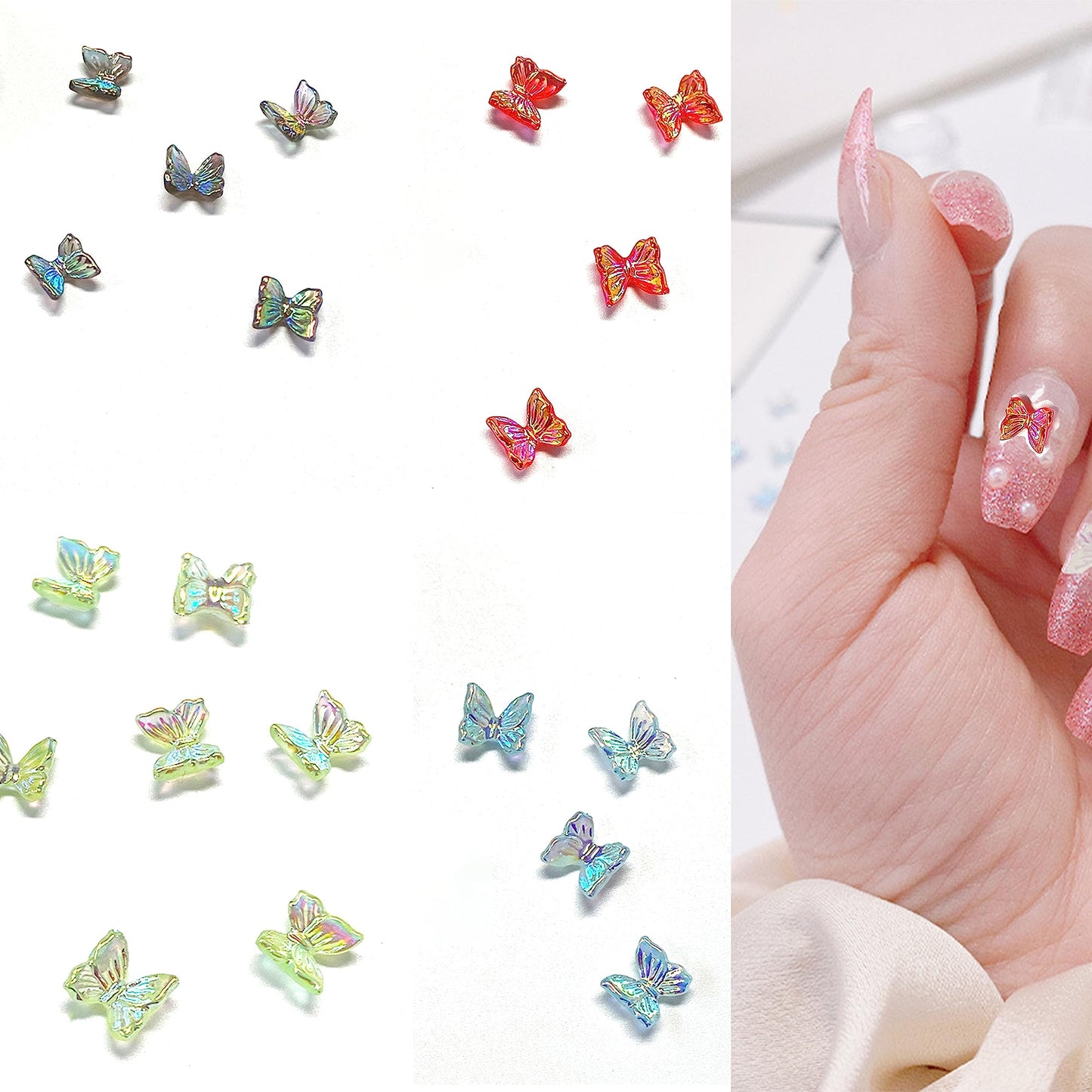 QZRUO 60Pcs Butterfly Nail Charms - Clear Small Cute and Glittery 3D Acrylic Gems for Stunning Nail Art