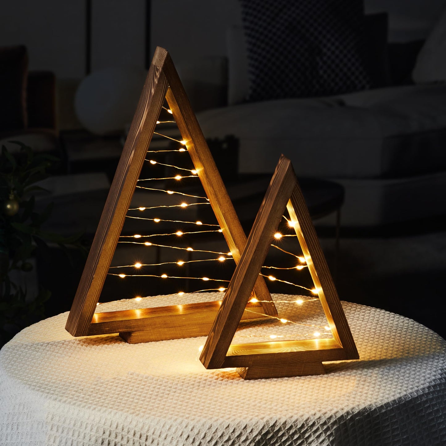 SOONOW Wood Christmas Tree with Lights, Modern Farmhouse Lighted Tabletop Christmas Tree for Home Table Fireplace Mantle Shelf Decor, Christmas Holiday Decorations Set of 2 (Large 13.3" & Small 9.8")