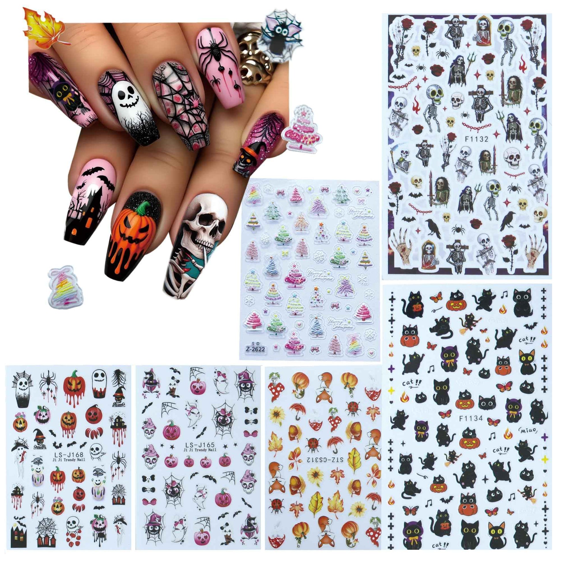 Halloween Nail Stickers for Nail Art, 3D Christmas Tree Nail Art Sticker, Fall Nail Stickers, Spooky Ghost, Spider Web, Cat, Pumpkin, Self Adhesive Nail Decals for DIY Women Thanks' Giving Day