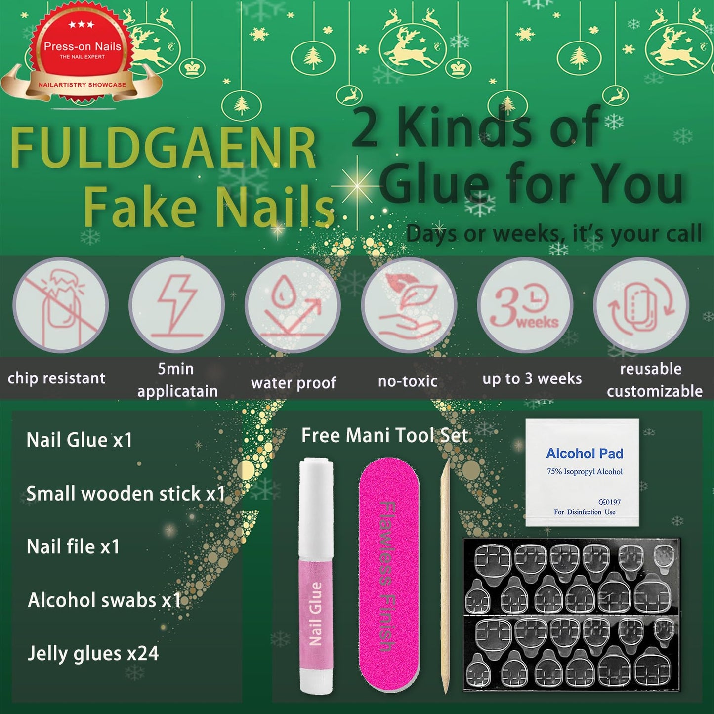 Christmas Red Nails Press on Nails Short Almond Fake Nails with Designs Snowflake Santa's Hat Ribbon Bow Full Cover Acrylic Oval False Nails Winter Glue on Nails for Women and Girls 24Pcs