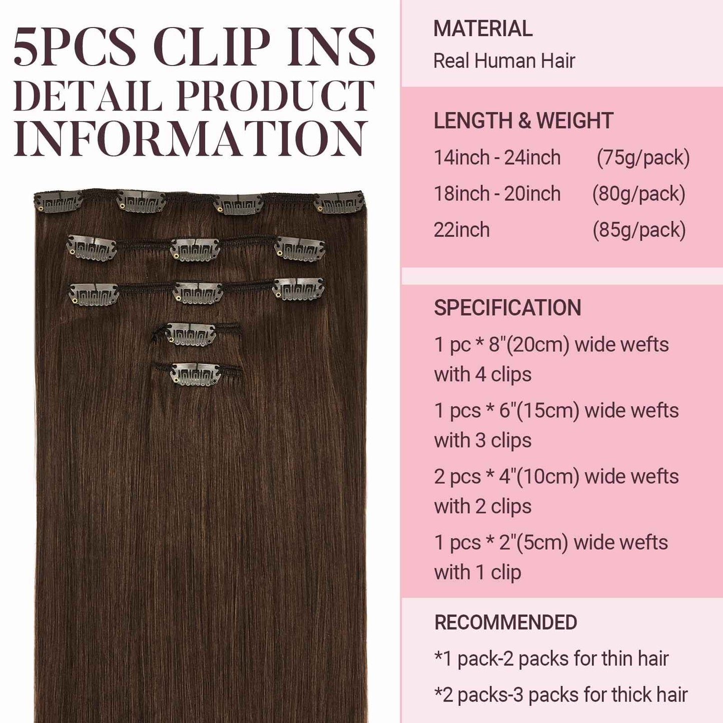 MAXITA Human Hair Clip in Extensions, Chocolate Brown 16 Inch 5pcs 75g, Remy Clip in Hair Extensions Real Human Hair Extensions Natural Straight Hair Extensions for Woman