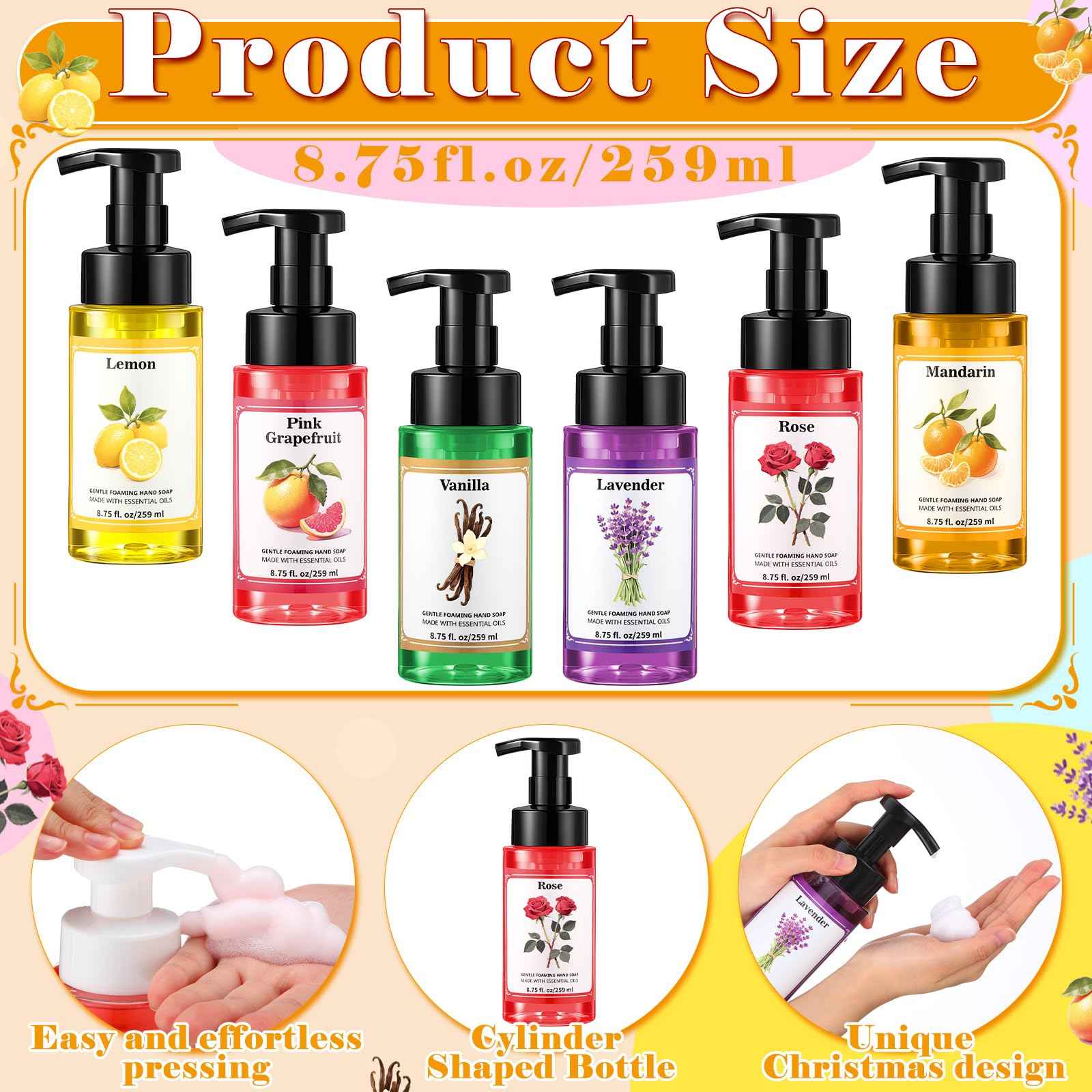 Swiffen 6pack Christmas Foaming Hand Soap with Pump Care Moisturizing Liquid Holiday Foam Hand Wash Stocking Stuffers Gift for Kitchen Bathroom Family Teacher Staff 8.75 Fl.oz(6 Colors,Fresh Scent)