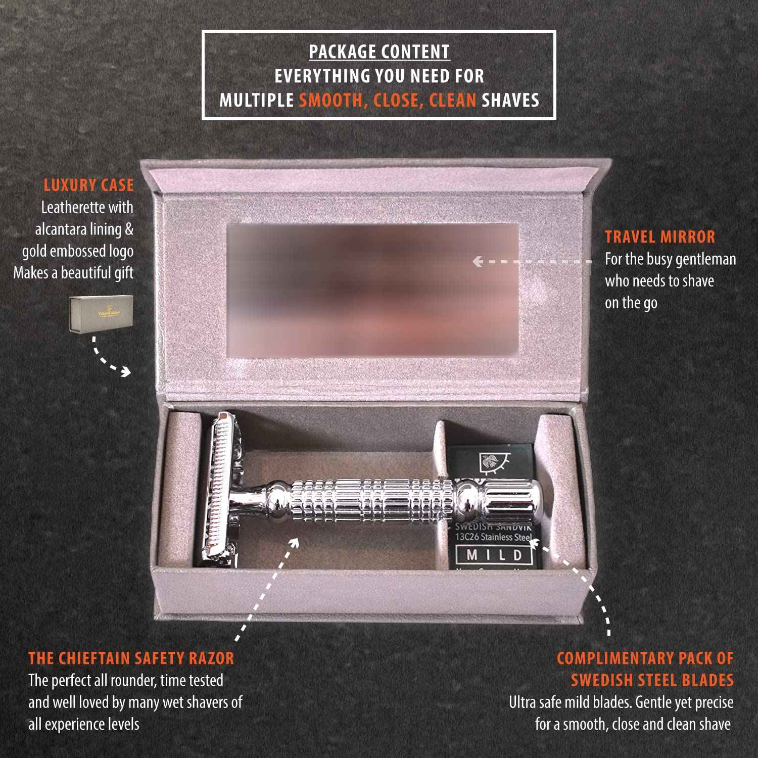 VIKINGS BLADE Double Edge Safety Razor for Men + 5 Swedish Steel Blades + Luxury Case. Smooth, Reusable, Eco-Friendly (The Chieftain)
