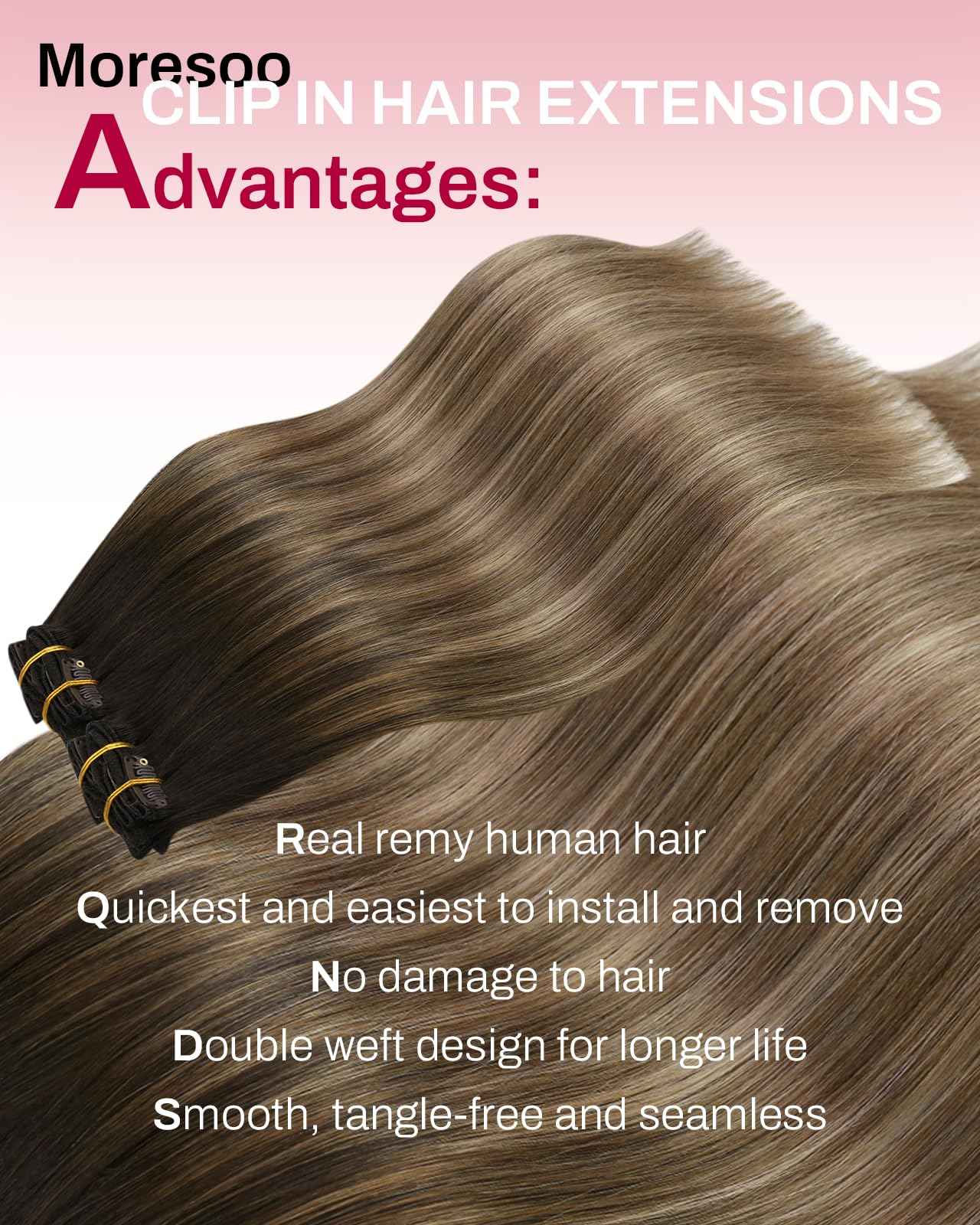 Moresoo Clip in Hair Extensions Ombre Dark Brown to Dark Ash Blonde with Blonde Balayage Hair Extensions Clip in Human Hair Double Weft 5pcs/80g 16inch