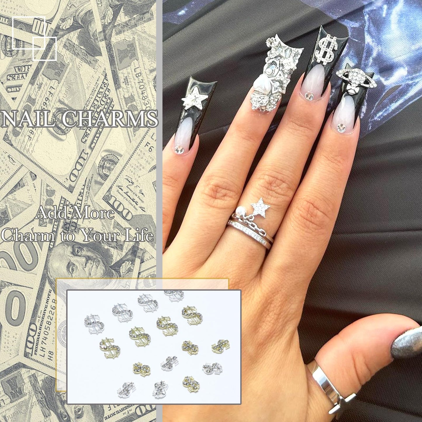 YAEISM 16PCS Money Dollar Nail Charms 4 Styles Gold and Silver Money Nail Charms 3D Alloy Money Sign Nail Charms with Crystals Shiny Rhinestones for Nail Art and DIY Crafts Jewelry Decoration