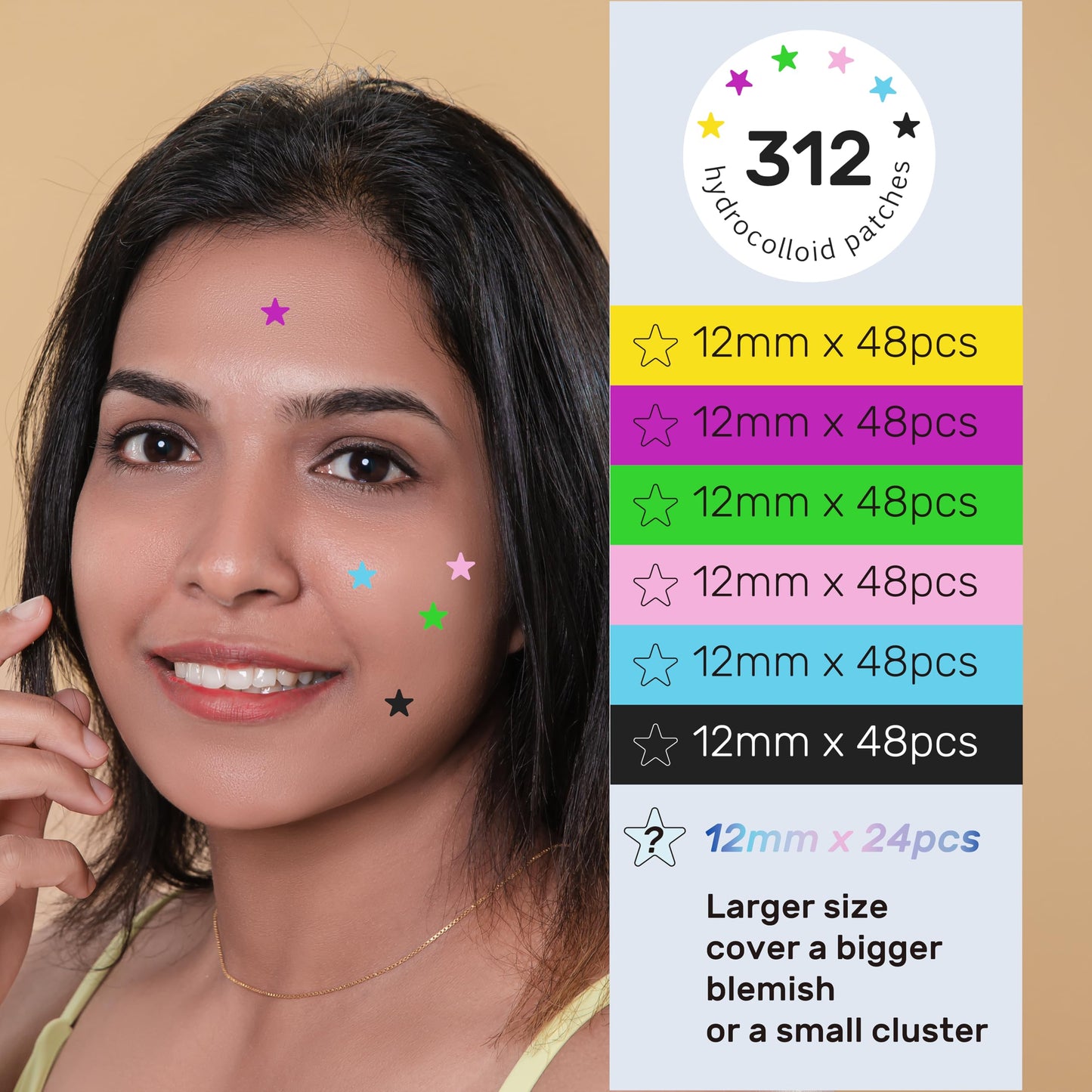 POINTMASS Star Pimple Patches: 6 Colors 312 Thickened Hydrocolloid Acne Patches Cute for Face and Skin Covering of Blemishes Zits etc. Acne Patches Contain Tea Tree Oil