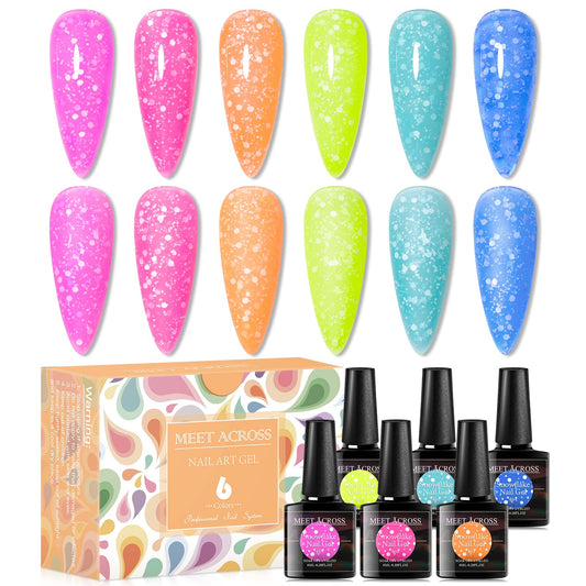 MEET ACROSS Neon Snowflake Gel Nail Polish Set Pastel Gel Polish Set Spring Summer Sparkle Fluorescent Bright Yellow Pink Blue Gel Polish Soak Off Nail Art Salon Design Manicure 6PCS