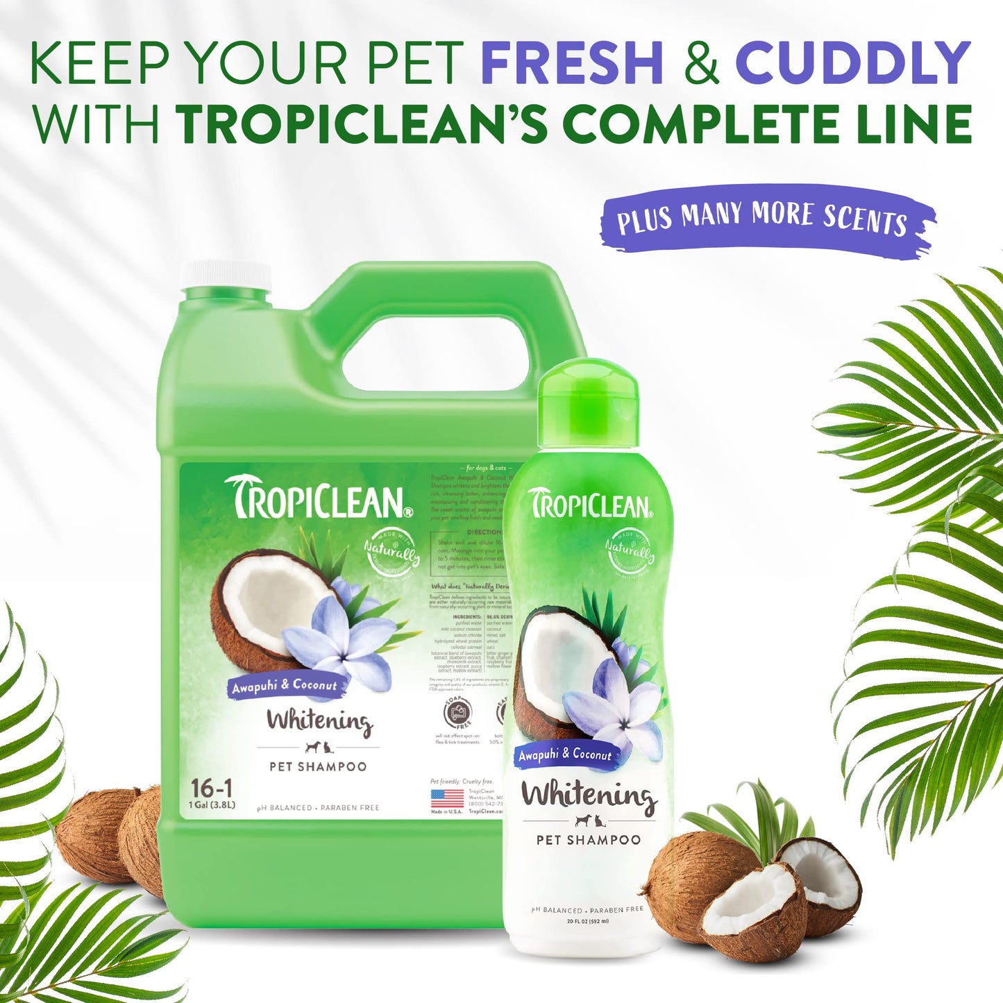 TropiClean Awapuhi Coconut Whitening Dog Shampoo for White Coats & All Coat Types | Natural Pet Shampoo Derived from Natural Ingredients | Cat Friendly | Made in the USA | 20 oz.