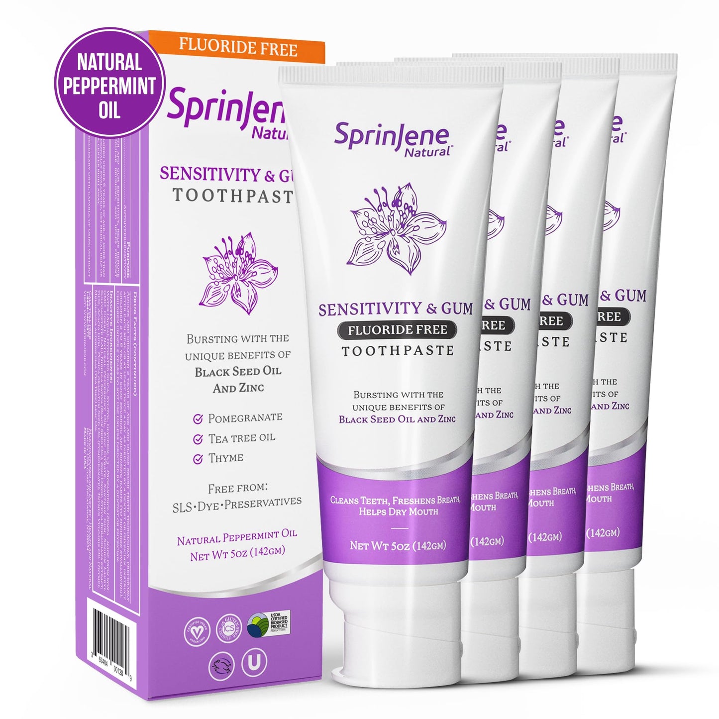 SprinJene Natural Sensitivity & Gum, Fluoride Free Toothpaste for Sensitive Teeth | Natural Toothpaste for Cavity Protection | 1 Pack