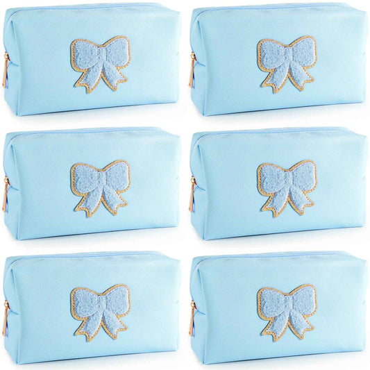 6 Pcs Bow Makeup Bag Bulk Preppy Cosmetic Bag PU Leather Travel Toiletry Bag Waterproof Small Makeup Pouch Bag for Purse Cute Coquette Stuff for Girls Women Bachelorette Party Gifts (02 Blue)