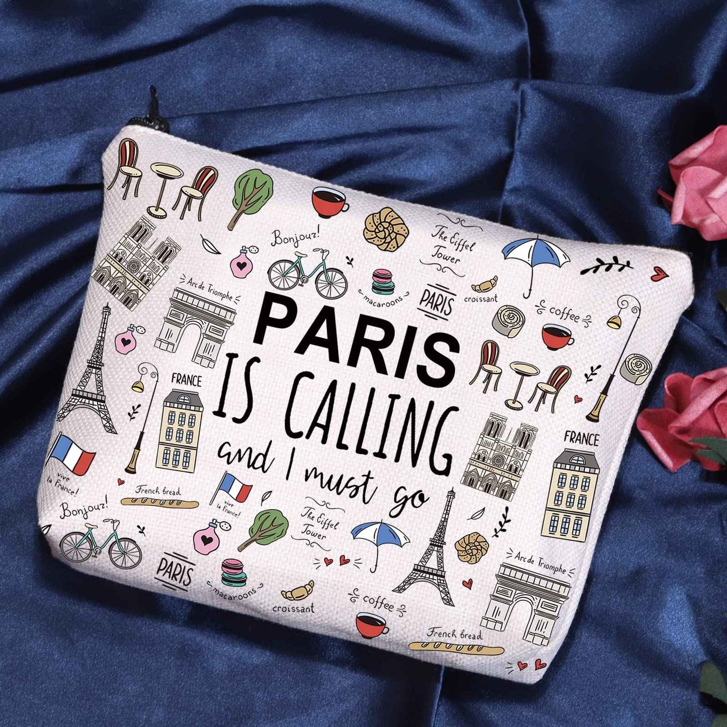 POFULL Paris Themed Gifts Paris Is Calling And I Must Go Cosmetic Bag Paris Lover Gift (Paris Is Calling Cosmetic Bag)