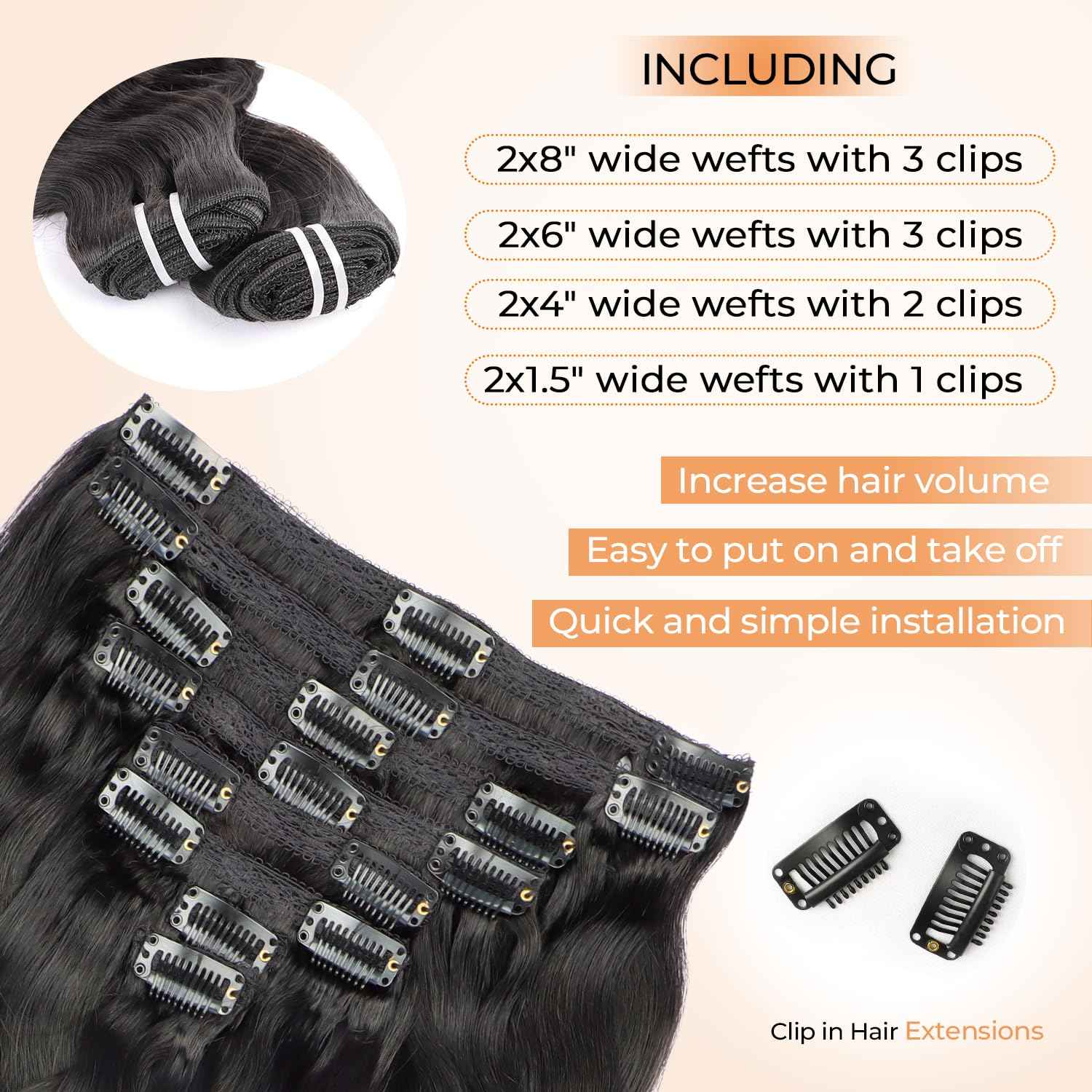 Clip in Hair Extensions Real Human Hair Extensions Clip Ins 95 Gram Body Wave 18 Inch 8Pcs Natural Black 100% Human Hair Extensions 18 Clips
