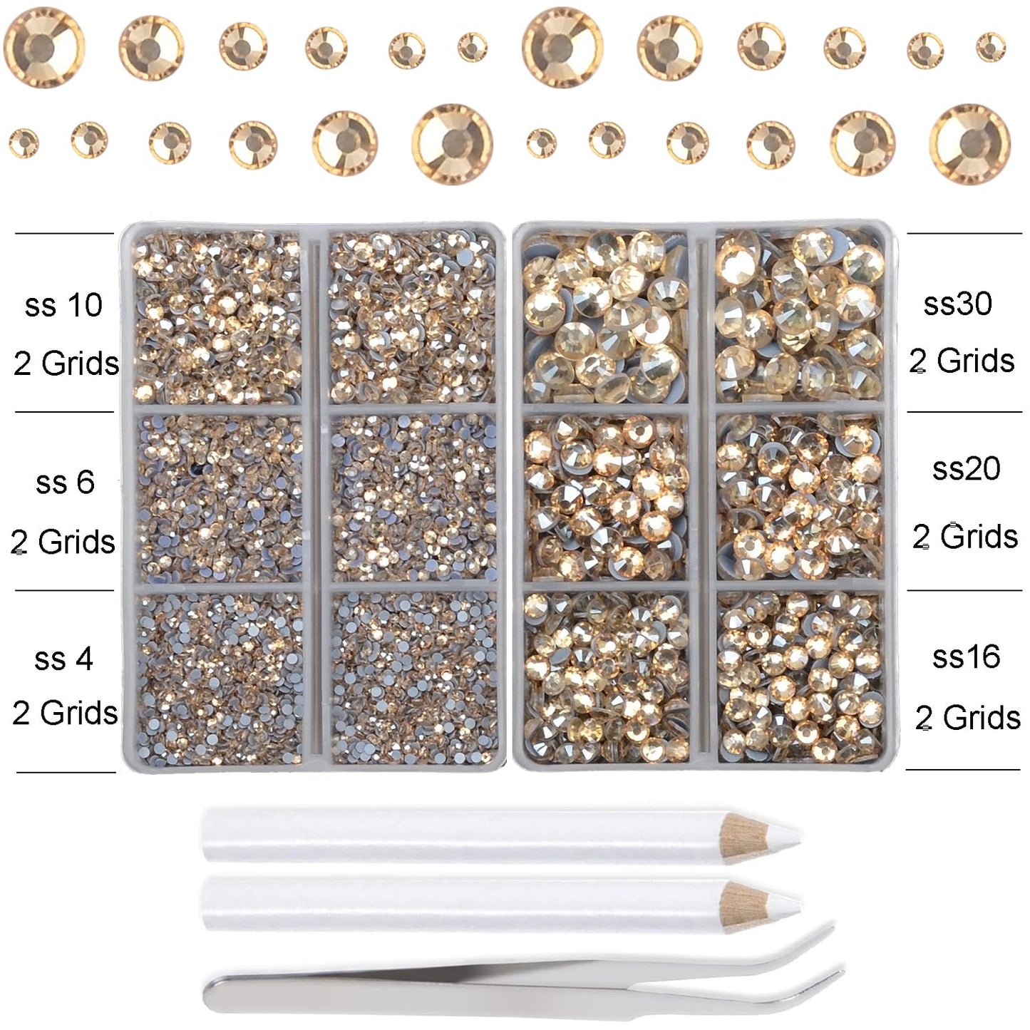 10000Pcs 2-Boxes Mixed Size Hot Fix Round Crystals Gems Glass Stones Hotfix Flat Back Rhinestones with Tweezers and Picking Pencil (Light Champagne)