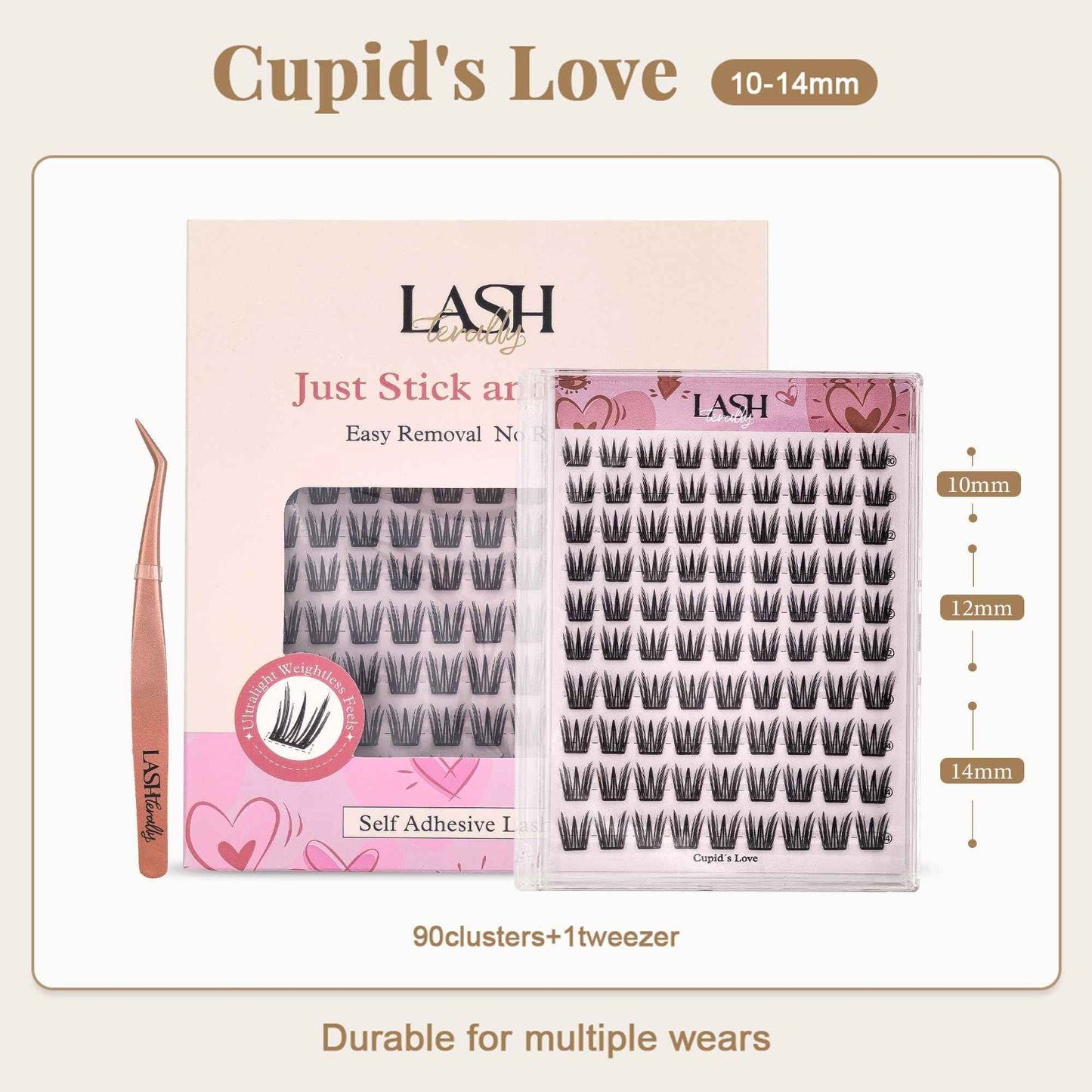 Lashterally Self Adhesive Glue Free Easy Removal Lash Clusters Kit Manga Eyes Style DIY Upgrade D Curl Eyelash Extensions False Eyelashes Cupid's Love 10-14mm 90clusters