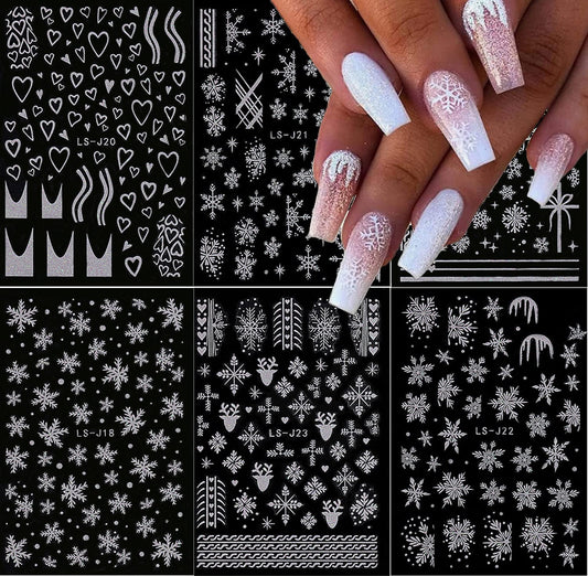 Christmas Nail Art Stickers 3D Snowflake Nail Decals Self-Adhesive Nail Art Supplies White Snowflake Nail Charms Winter Snow Deer Design Nail Stickers Xmas Party Nail Decorations for Women 6 Sheets