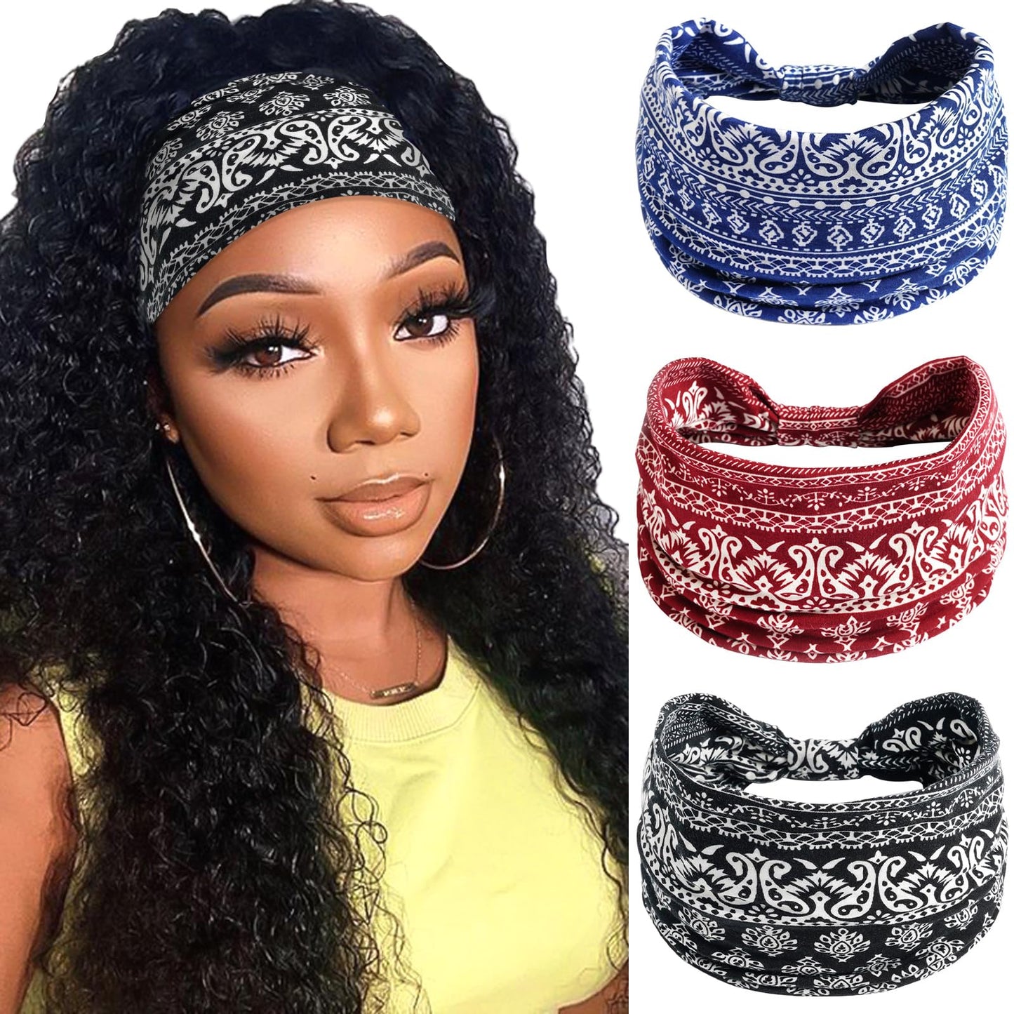 SAWINDA Wide Headbands for Women Boho Floral Print Twist Knot Womens Head Bands Elastic Non-Slip Hair Bands for Women's Hair African Style Daily Life Yoga Sports Cloth Hair Wraps 3 Pack