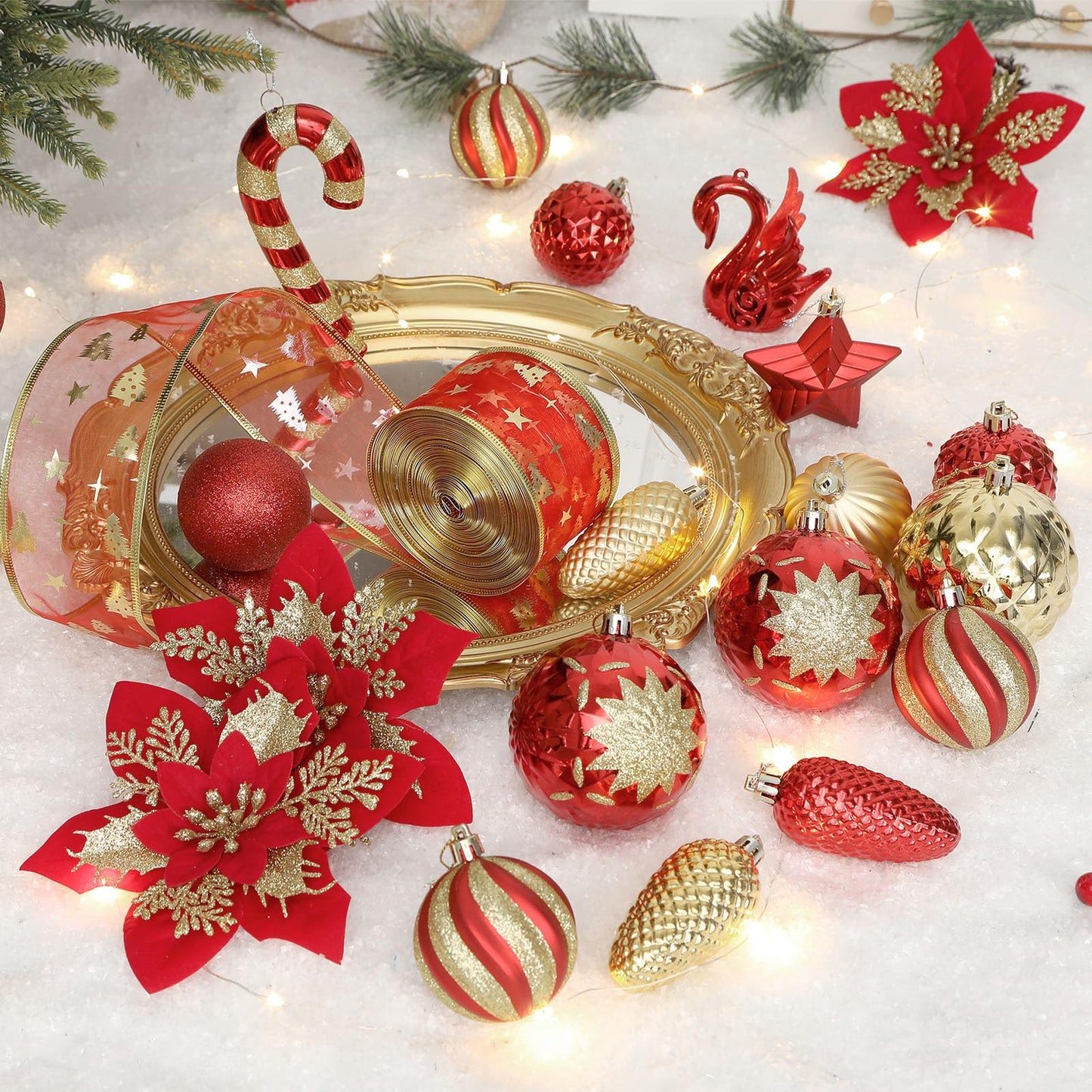 Alupssuc 128pcs Christmas Balls Ornaments Set, Shatterproof Plastic Baubles Christmas Flowers, Ribbon and Tree Topper for Xmas Tree Holiday Wedding Party Decorations with Hanging Strings, Red and Gold