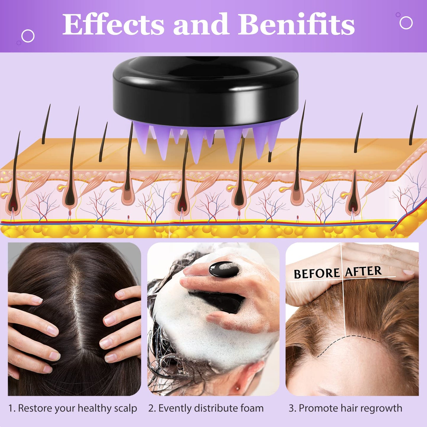 Scalp Scrubber Massager Upgraded Hair Shampoo Brush with 2 Different Lengths of Silicone Bristles, Wet Dry Hair Scalp Brush for Stress Relax Remove Dandruff Head Blood Circulation (Purple & Black)