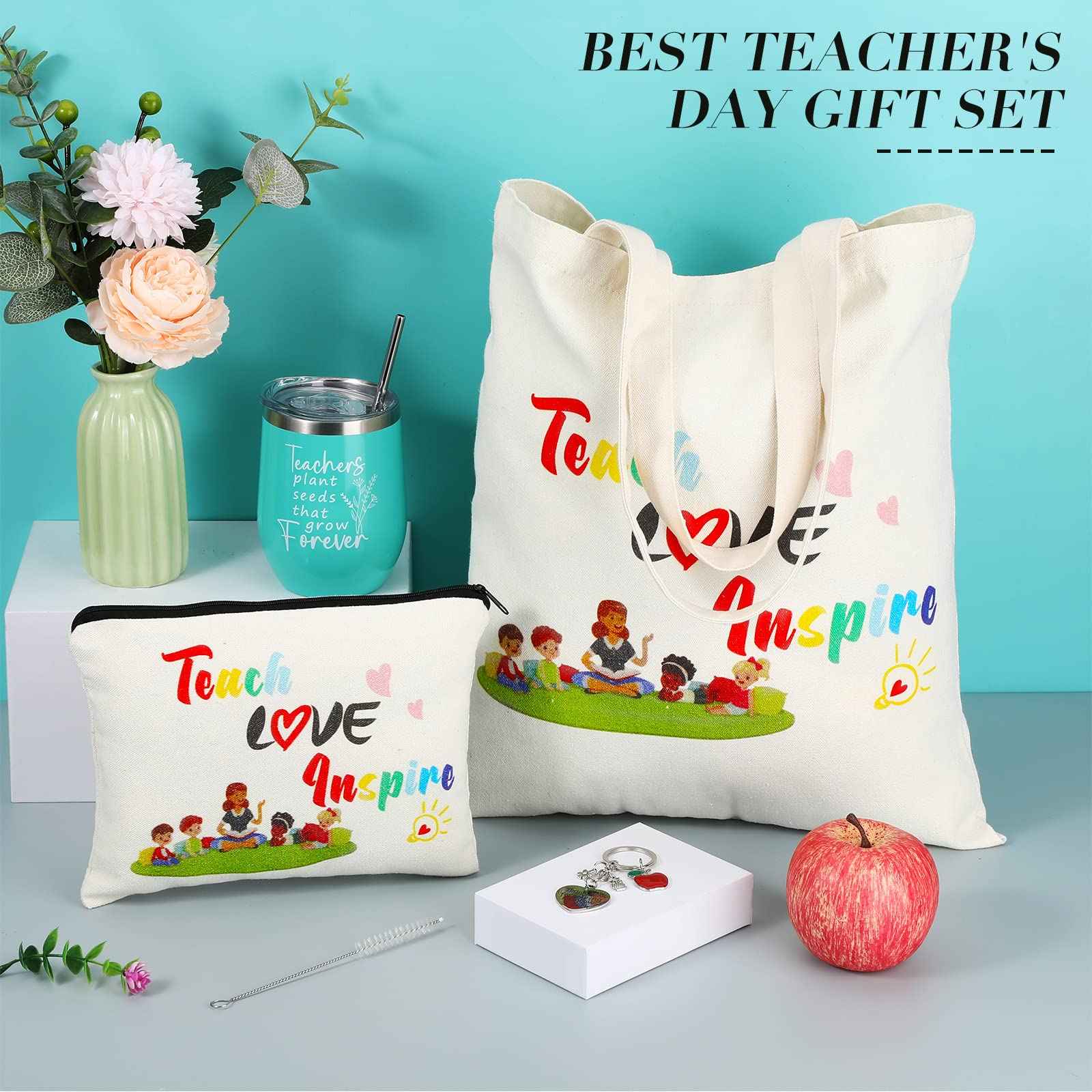 Hillban 4 Pcs Teacher Appreciation Gift for Women 12 oz Teacher Tumbler Tote Bag Makeup Cosmetic Bag Keychain Thank You Gift Set for Christmas Birthday(Classic Style)