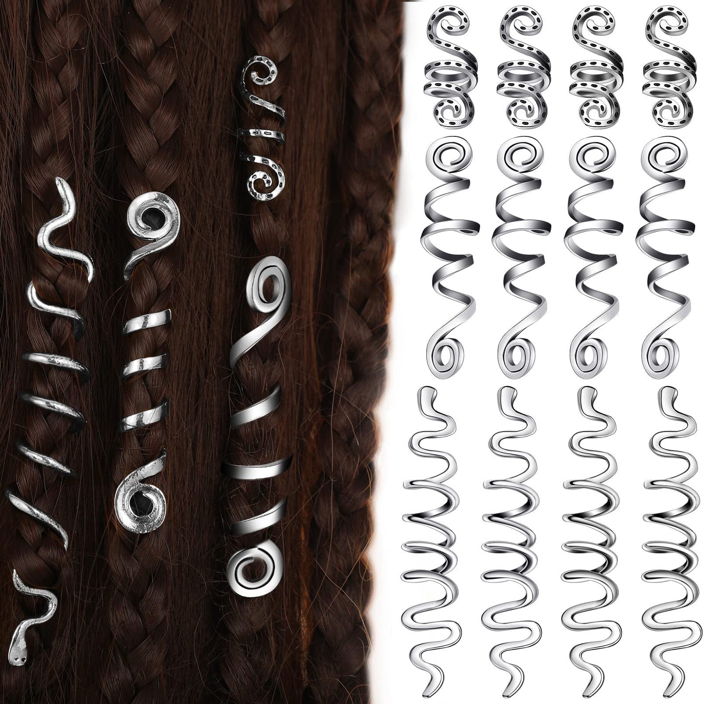 12 Pcs Braid Hair Accessories Celtic Hair Jewelry Alloy Dreadlock Accessories Loc Jewelry Hair Braid Coil Jewel Hair Cuffs Snake Hair Clips for Women and Girls (Silver, Vintage Style)