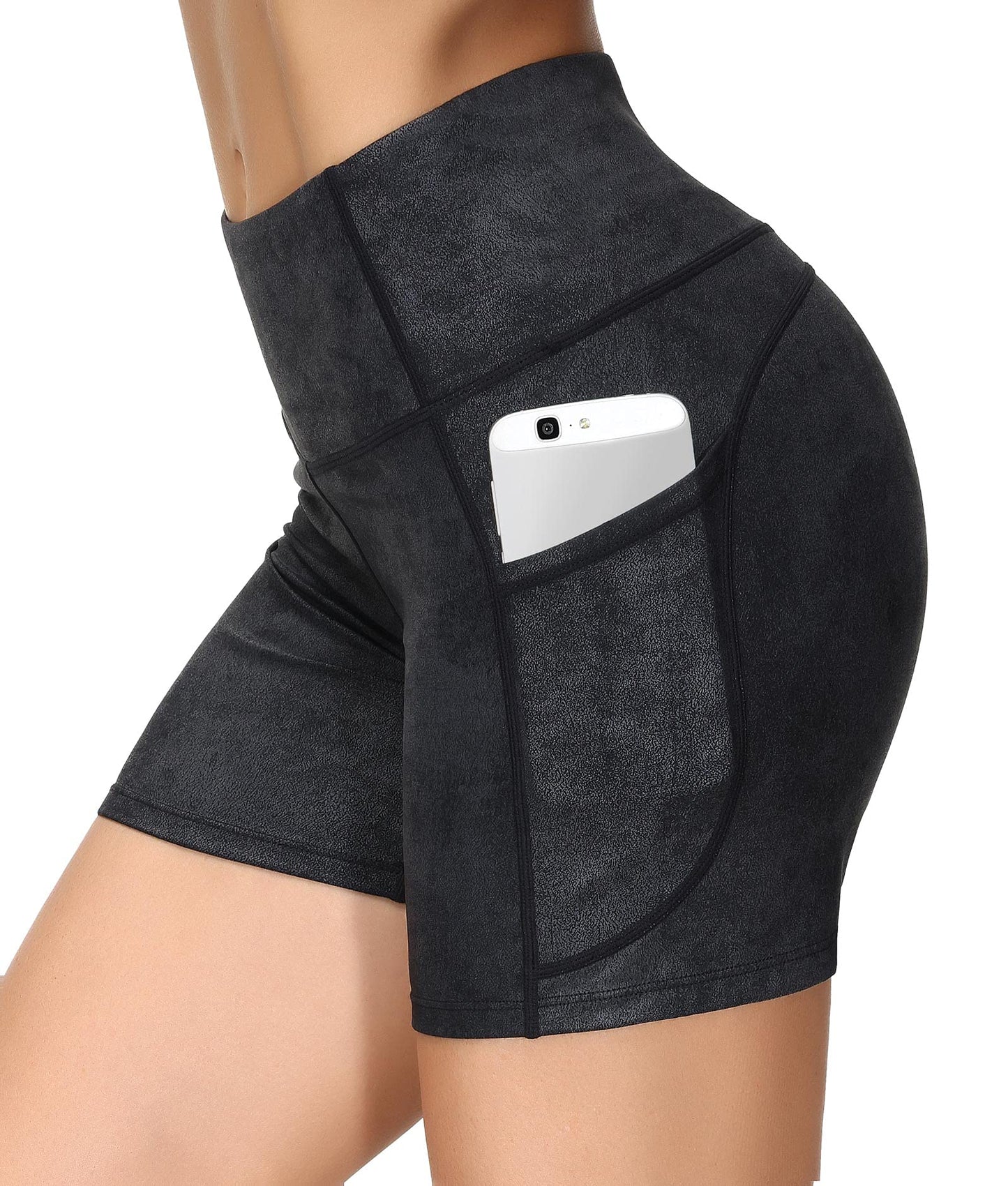 THE GYM PEOPLE High Waist Yoga Shorts for Women Tummy Control Fitness Athletic Workout Running Shorts with Deep Pockets (Small, Faux Leather Coated)