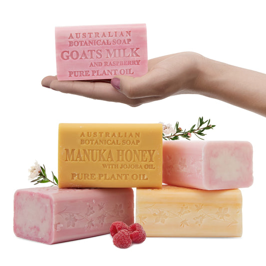 Australian Botanical Soap, Goats Milk with Raspberry, Manuka Honey, Pink Lychee, Valencia Orange 6.6 oz. (187 g) Soap Bars | Natural Soap Base | Shea Butter Enriched Bar Soap - Sweet Fruity Pack of 4