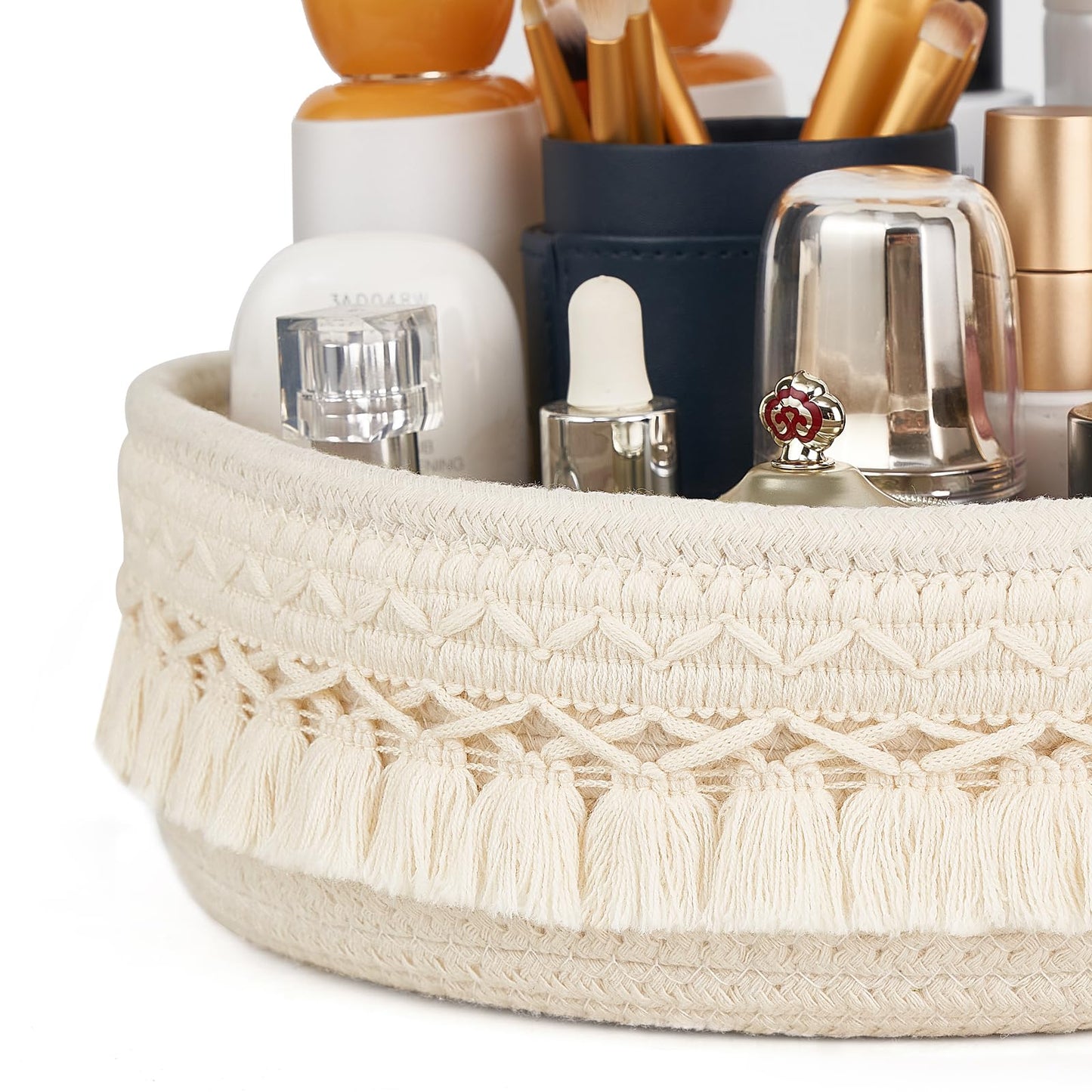 Mkono Makeup Perfume Holder Organizer Macrame Decorative Woven Rope Basket Boho Decor Cosmetics Desk Storage Baskets For Dresser Skin Care Lotions Essential Oils Dorm Room Essentials