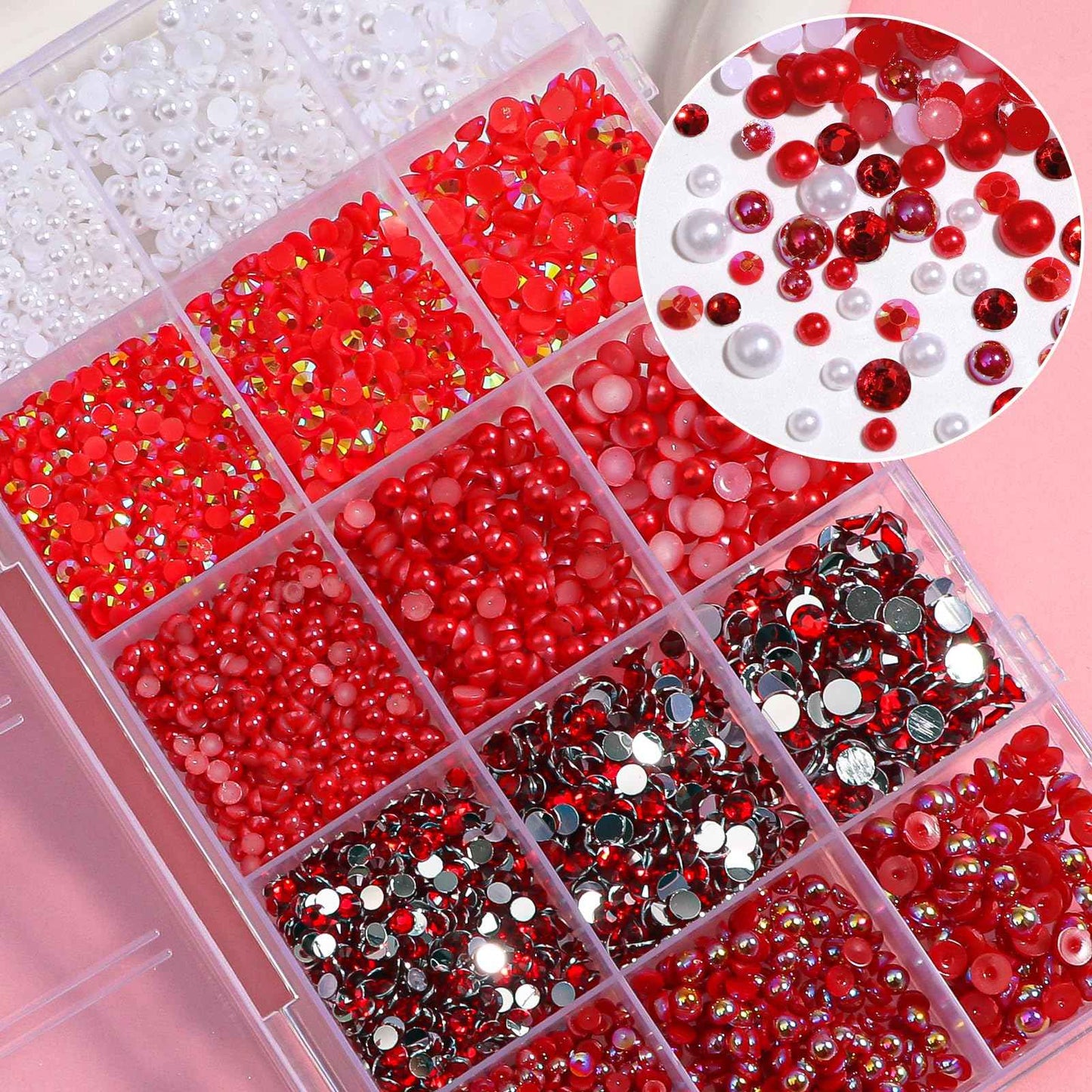 12000 Pcs Red Flatback Pearl and Rhinestones for Crafting, Mixed Sizes 3/4/5 mm Red Jelly Resin Rhinestone Pearls for Bedazzling, Half Pearls for Crafts DIY Mugs Makeup Crafts