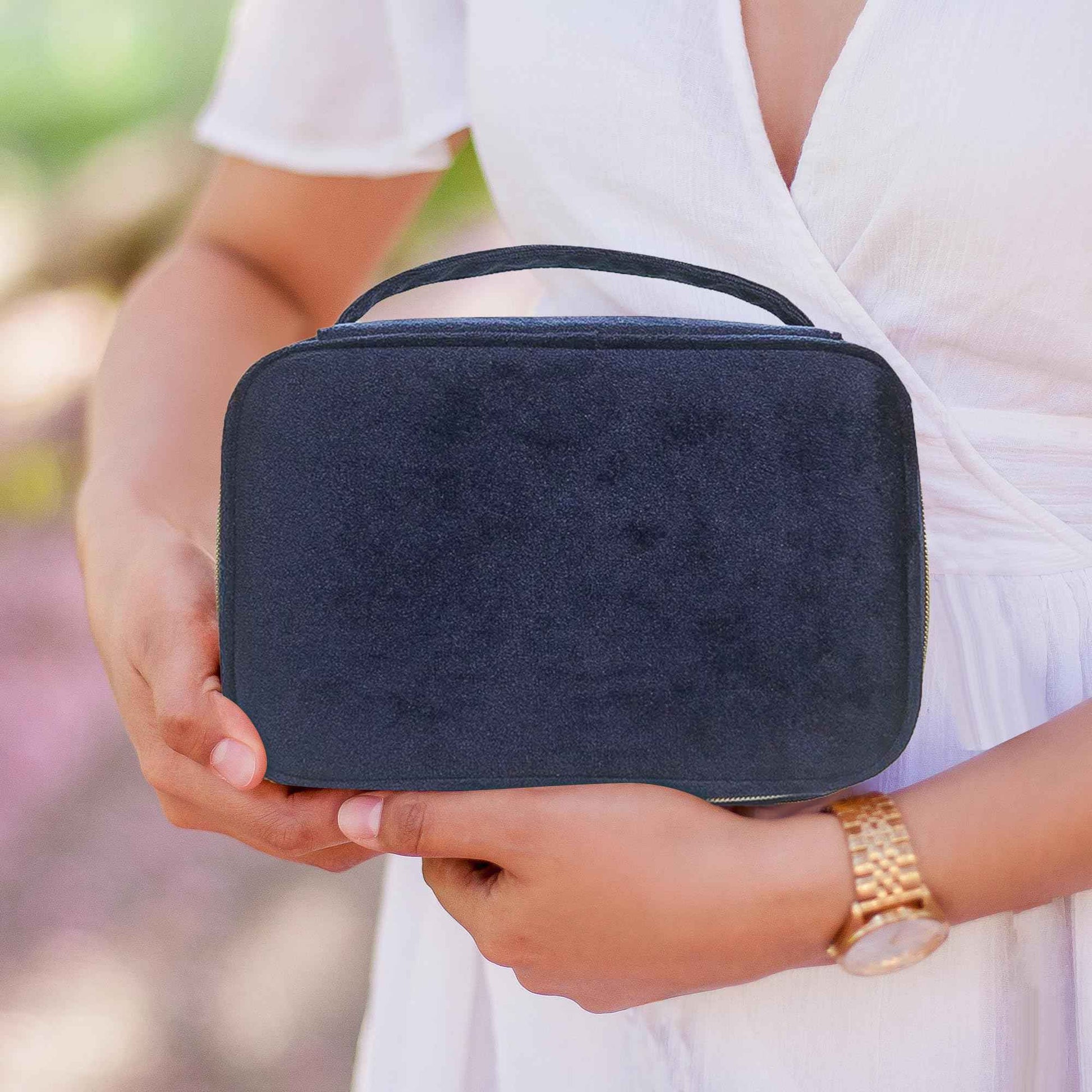 KOPY Velvet Makeup Bag for Women, Large and Classy Makeup Organizer, Make Up Travel Toiletry Bag Portable With Handle (Navy)