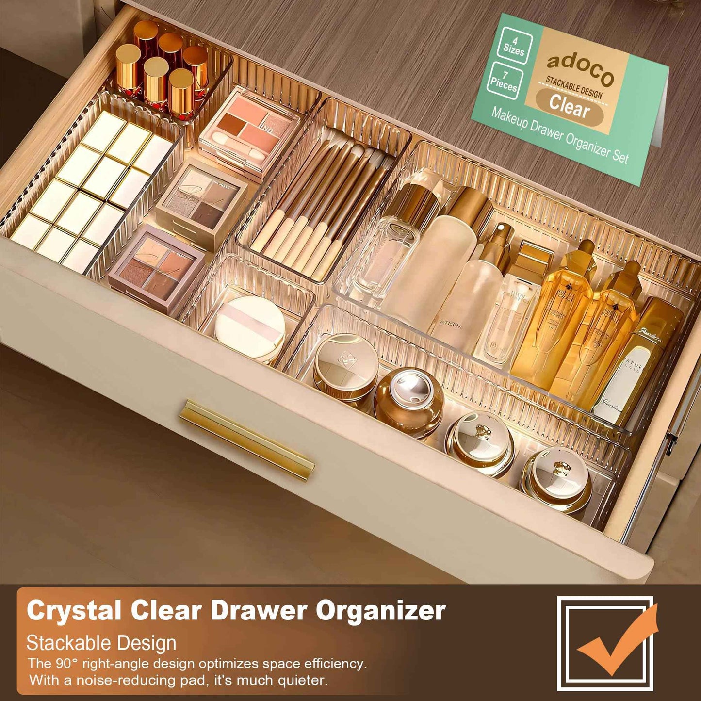 Adoco 7 PCS Clear Drawer Organizers Bins, 4-Size Stackable Makeup Vanity Drawer Organizer Trays, Acrylic Bathroom Drawer Organizer Storage Containers for Cosmetic,Office Supply