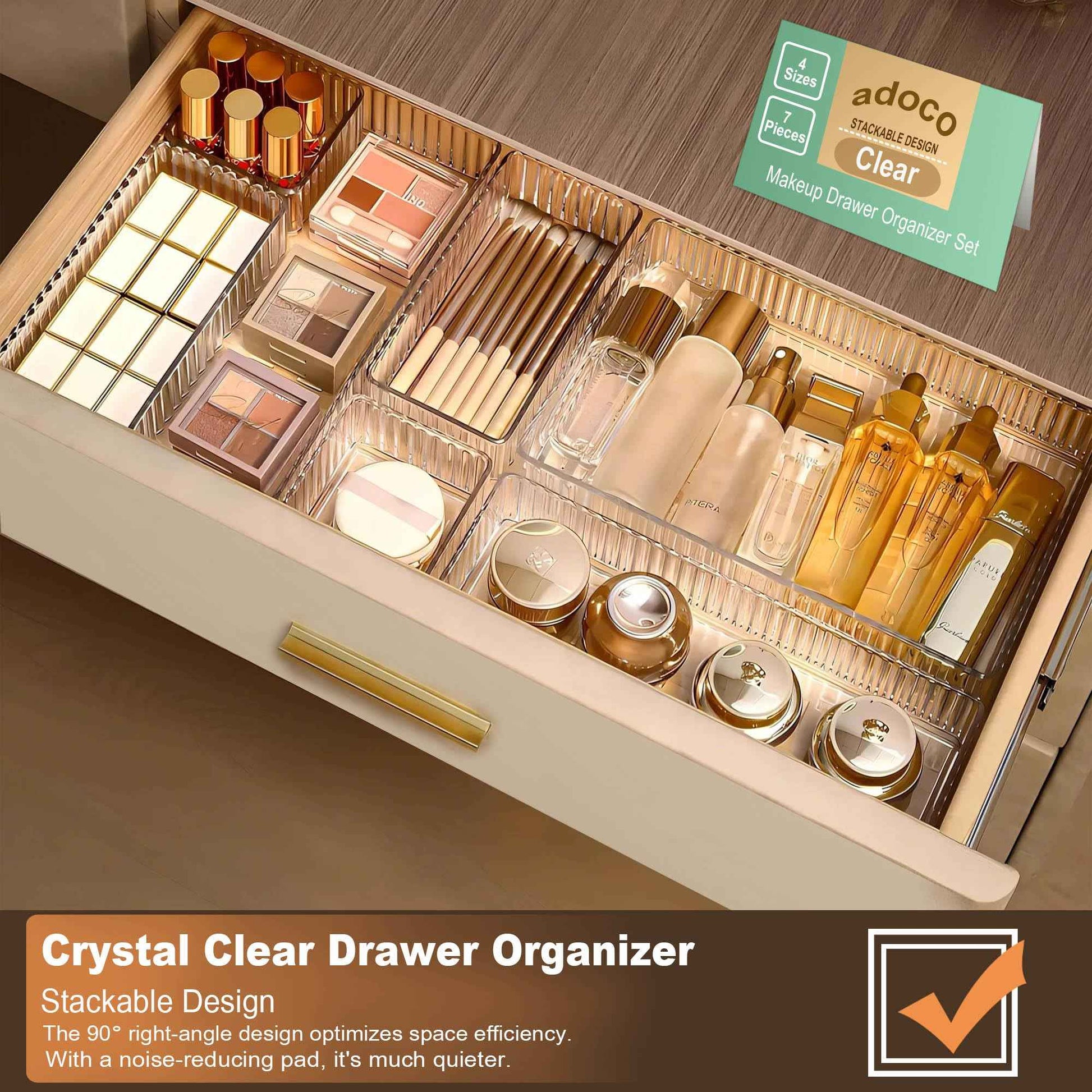 Adoco 7 PCS Clear Drawer Organizers Bins, 4-Size Stackable Makeup Vanity Drawer Organizer Trays, Acrylic Bathroom Drawer Organizer Storage Containers for Cosmetic,Office Supply
