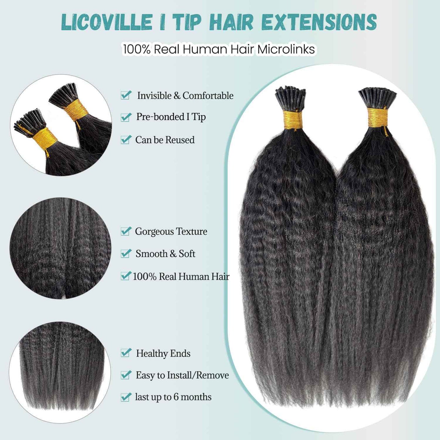I Tip Hair Extensions Kinky Straight Cold Fusion I Tip Extension Real Human Hair Black 18 Inch Soft Keratin Tip Extensions Human Hair Kinky Straight I Tips for Black Women 50 Strands 50Grams