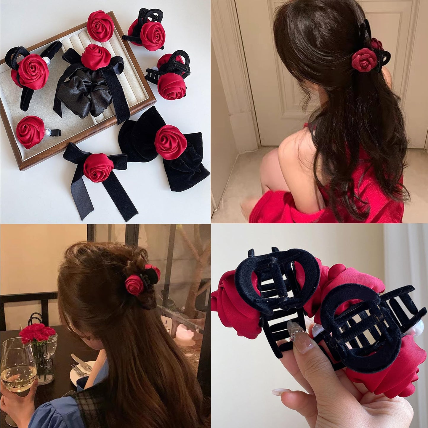 8 PCS Rose Hair Claws Hairpin Brooch Set Red Silk Floral Bow Clips Hair Rope Clamps Barrettes Clamps Hair Accessories for Women Girls 072