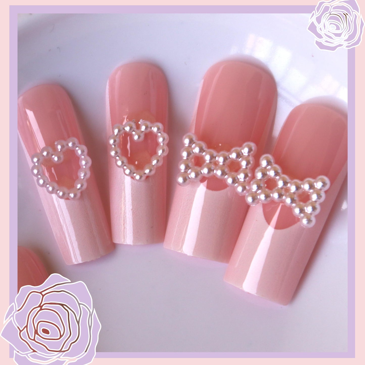 Pink Press on Nails Kit French Tip Nails Press Ones Charms Gems Star Pearl Long Rhinestone Pearl Fake Nails Artificial Coffin Gel Like Glossy 3D Bowknot False Nail Manicure for Women and Girls