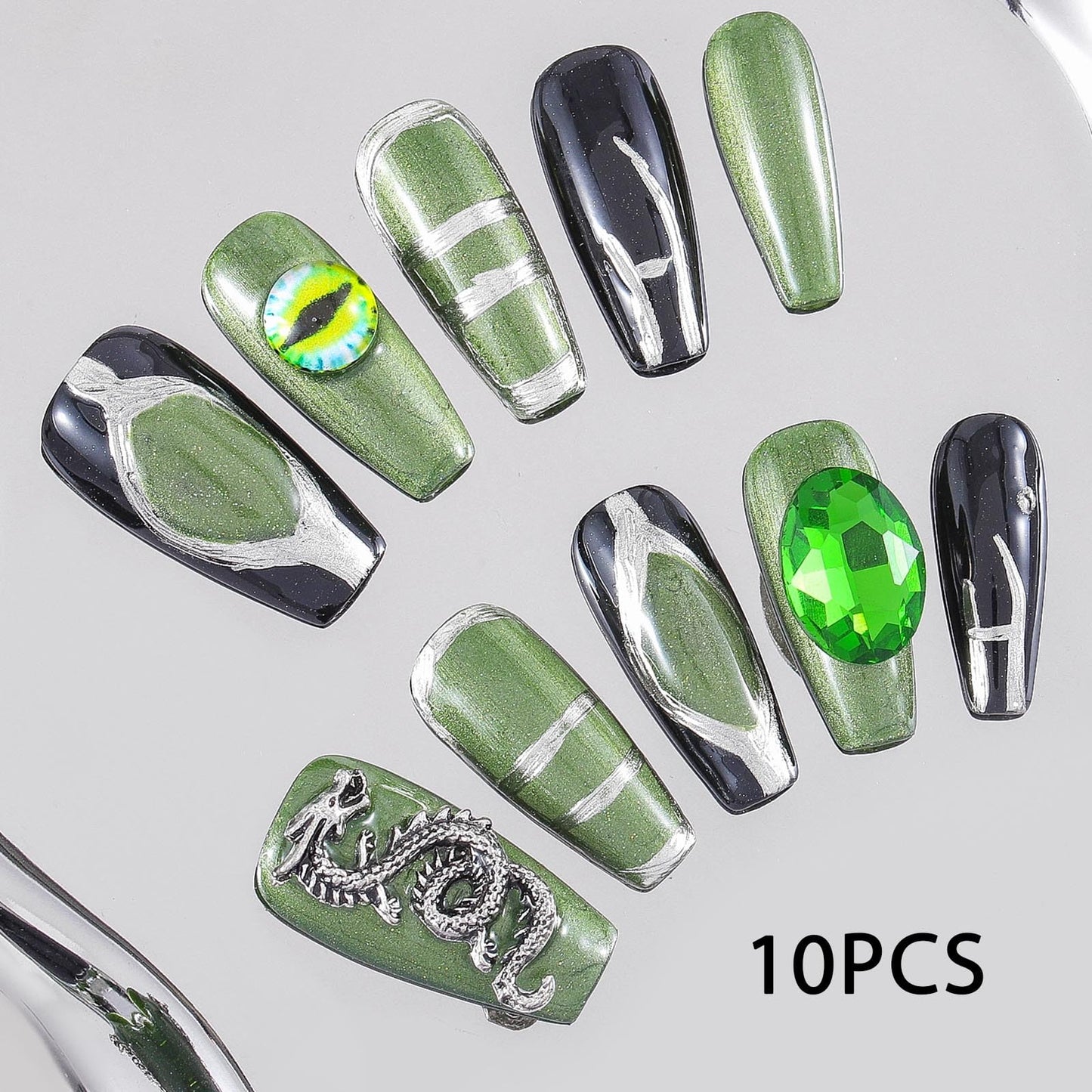 Sethexy Green Long Coffin False Nails Punk Rhinestone Fake Nails with Design Acrylic Salon Glossy Press On Nails for Women and Girls 10PCS (Green2)