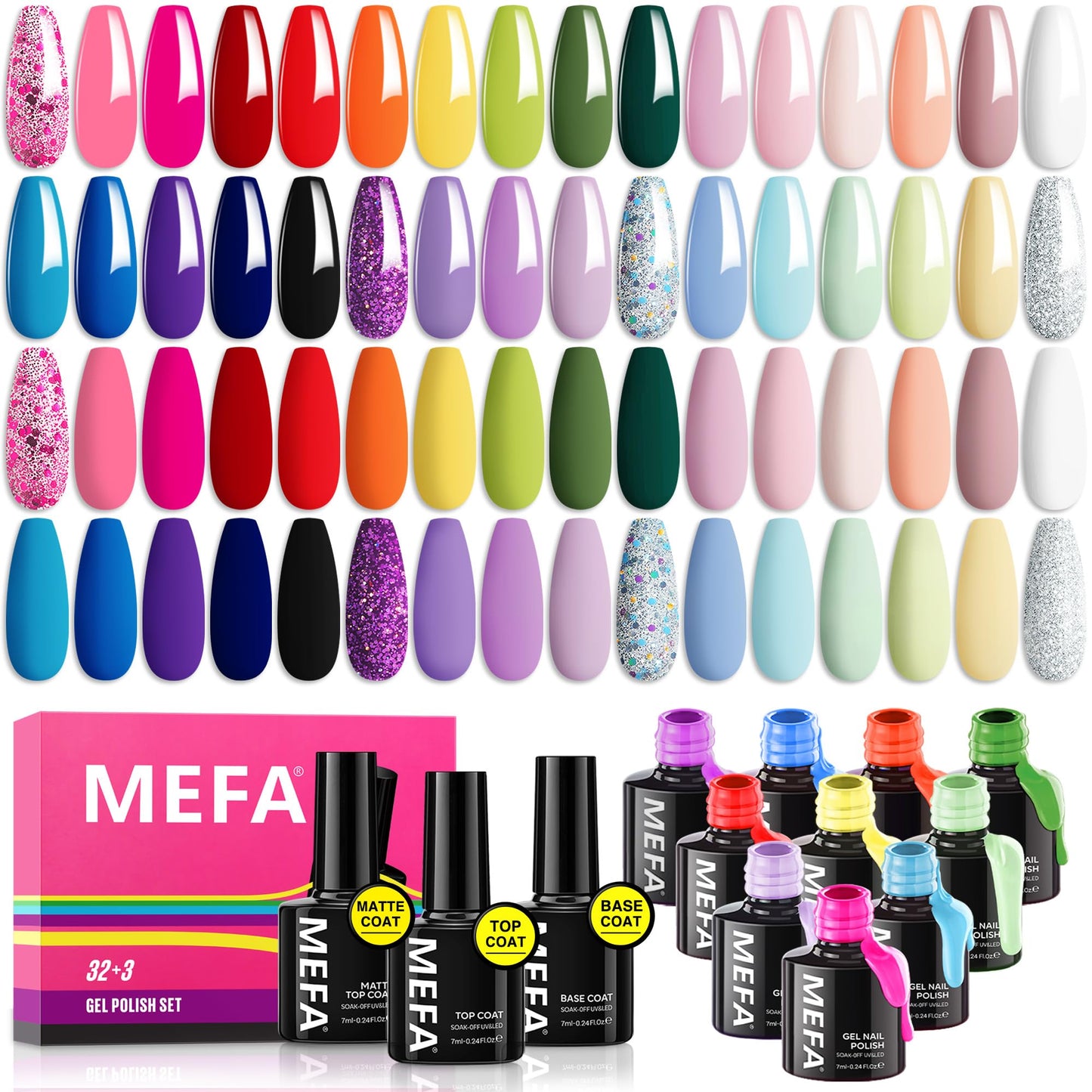 MEFA 35 Pcs Neon Gel Nail Polish Set, 32 Colors Summer Bright Gel Polish Kit Pink Collection with Base Coat No Wipe Glossy & Matte Top Coat Nail Art Manicure DIY Salon Home Gifts for Women