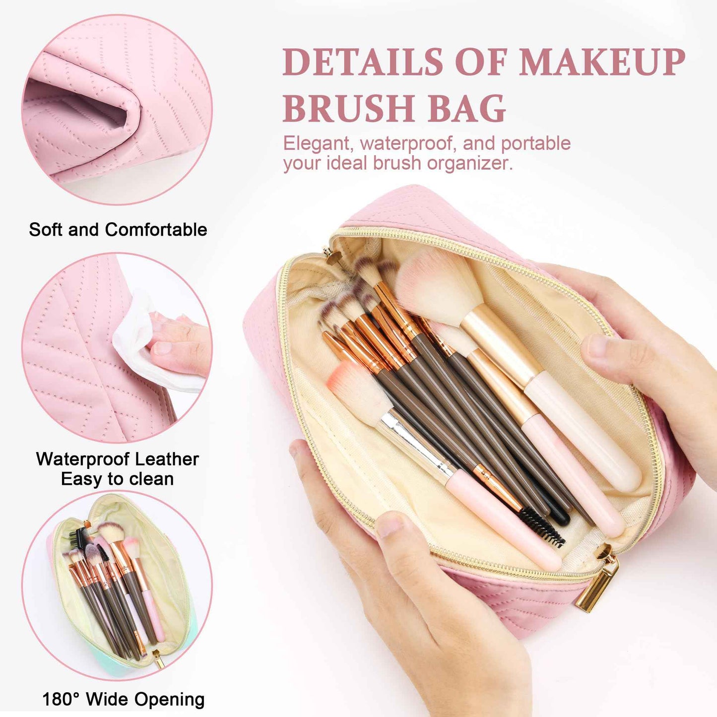 Makeup Bag Travel Toiletry Bag, Personalized Initial Pink Makeup Bag, Gift for Women Gils, Large Capacity Leather Cosmetic Bags, Waterproof Open Flat Organizer for Christmas, Halloween & Thanksgiving