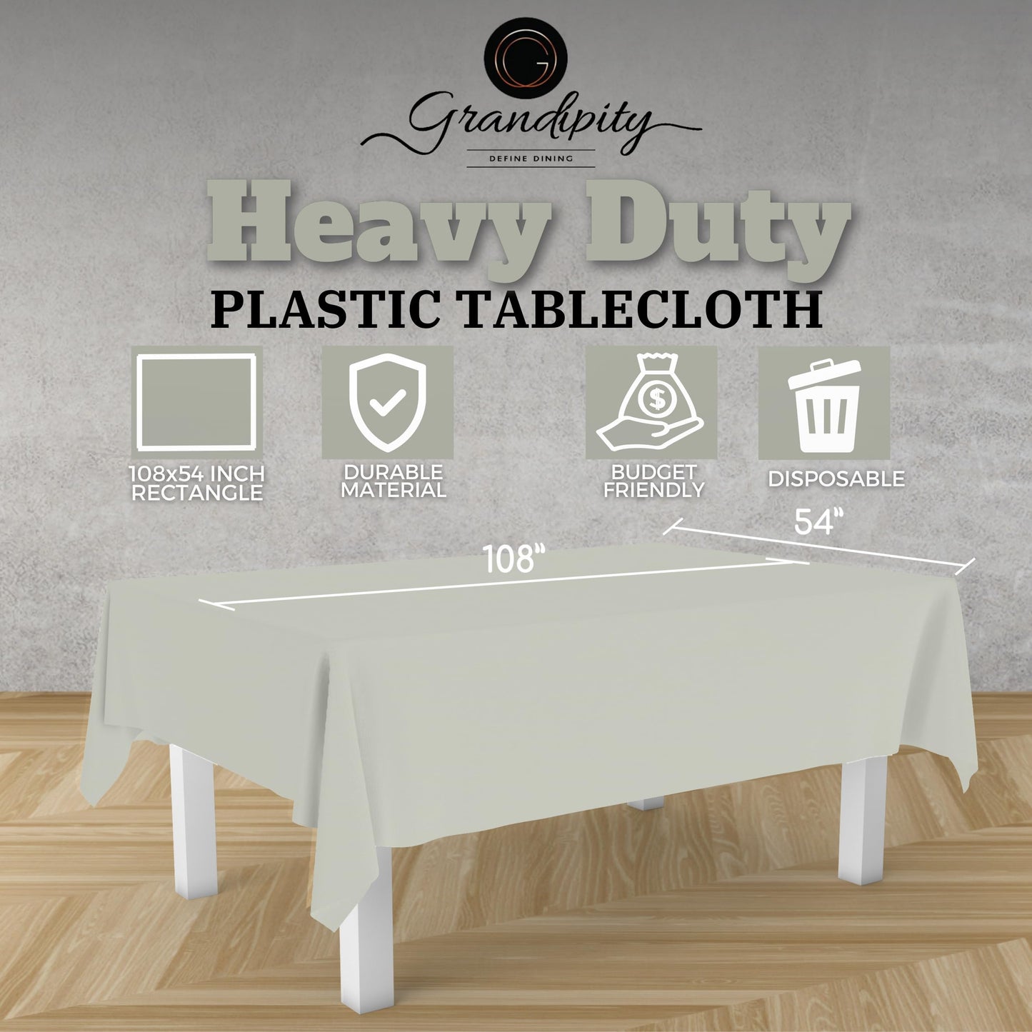 Grandipity Light Grey 12 Pack Premium Disposable Plastic Tablecloth 54 Inch. x 108 Inch. Decorative Rectangle Table Cover