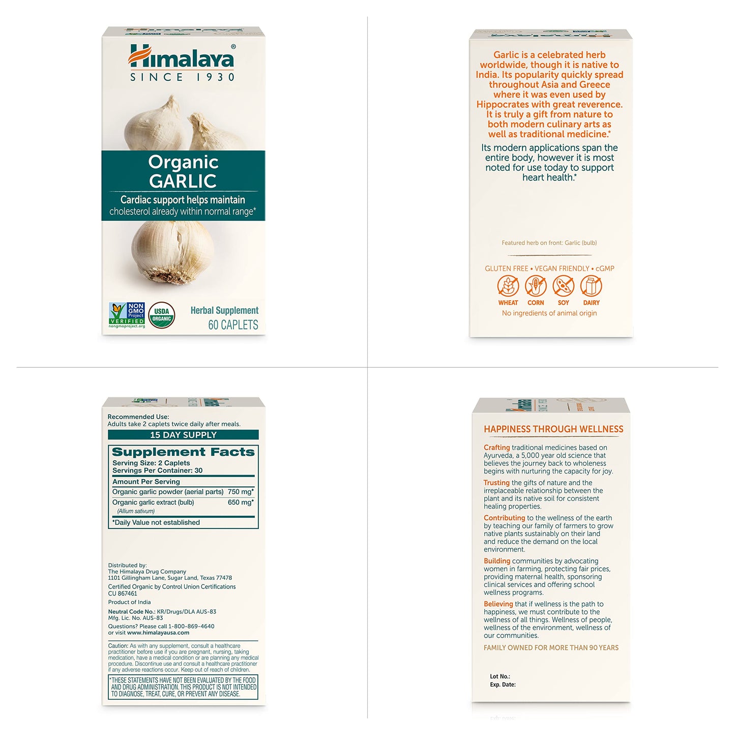 Himalaya Organic Garlic, For Lipid Metabolism and Immune Support, 1,400 mg, 60 Caplets, 1 Month Supply, 2 Pack