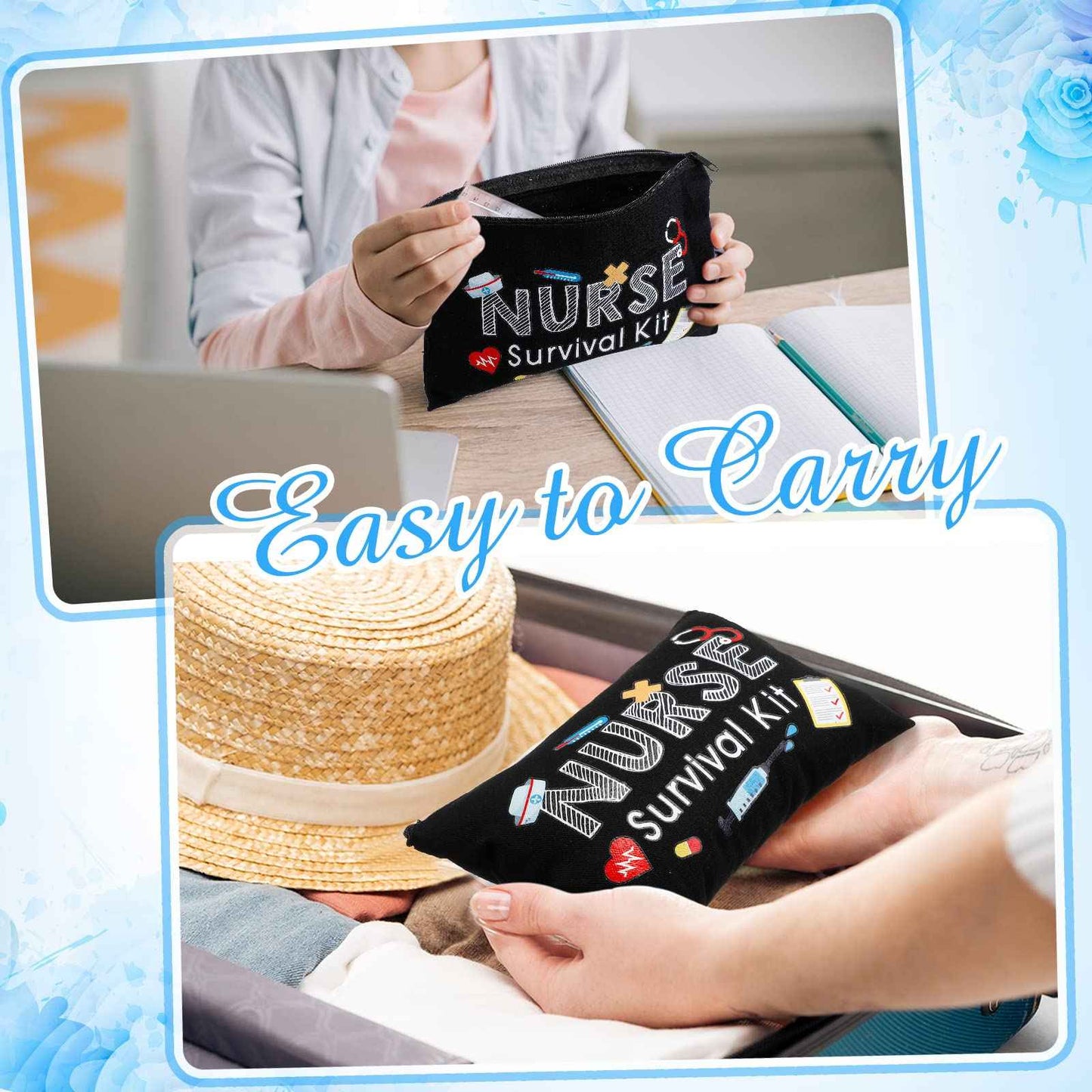 26 Pcs Nurse Survival Kit Cosmetic Bag Funny Gift for Nurse Practitioner Makeup Toiletry Nurse Bag Nurses Week Gifts Travel Zipper Nurse Pouch for Nurses School Birthday Teens, Black