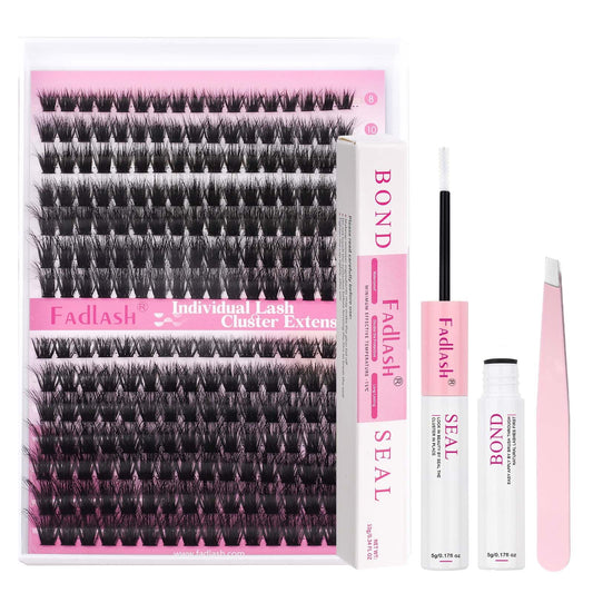 FADLASH Lash Extension Kit 80D+100D Lash Clusters D Curl Lash Cluster Kit DIY Eyelash Extension Kit with Lash Bond and Seal Lash Tweezers 3D Effect fluffy Cluster Lashes(80+100D Kit, Mix 8-16mm)