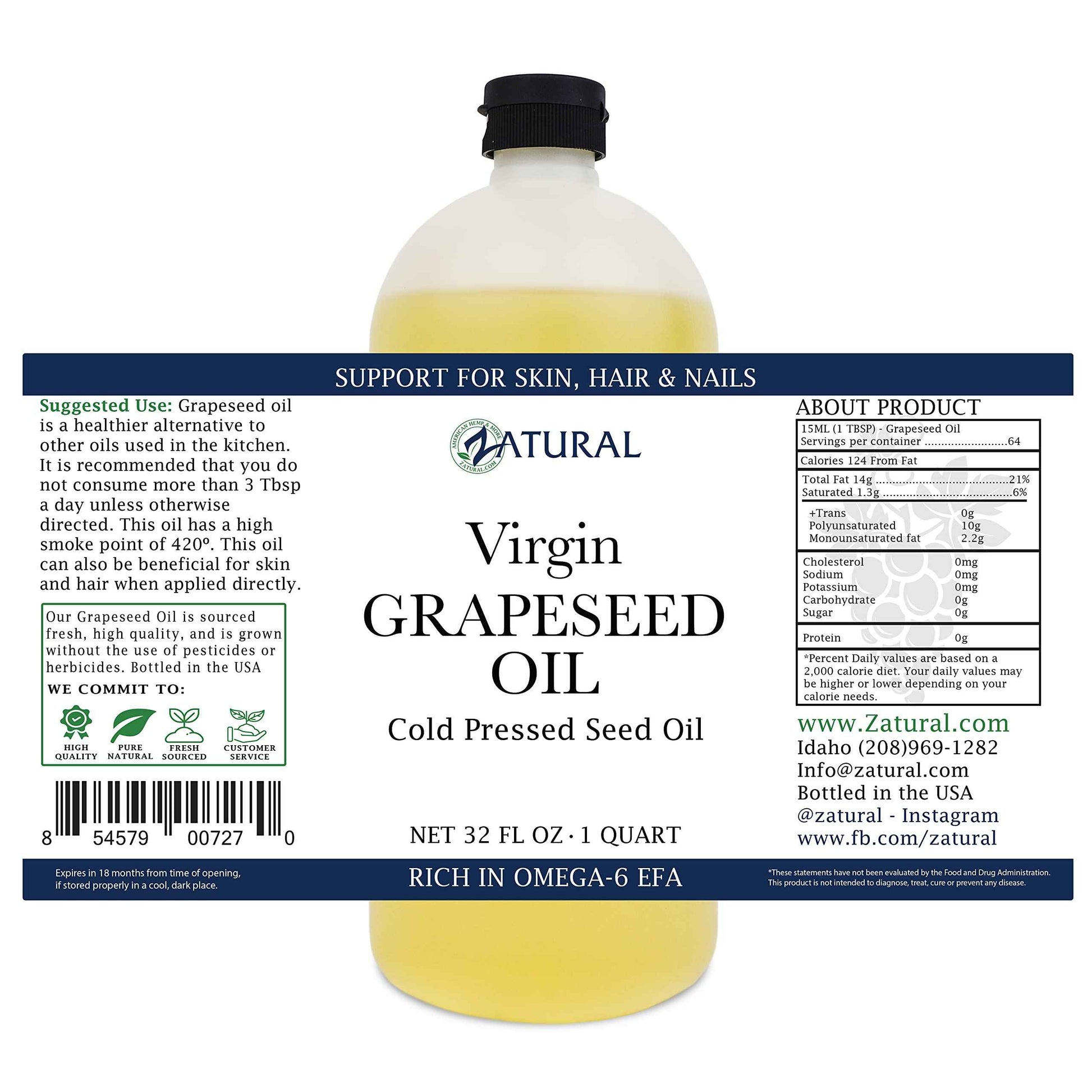 Zatural Grapeseed Oil Naturally Grown 100% Pure Cold Pressed Virgin High Tempurature Cooking Oil (32oz)