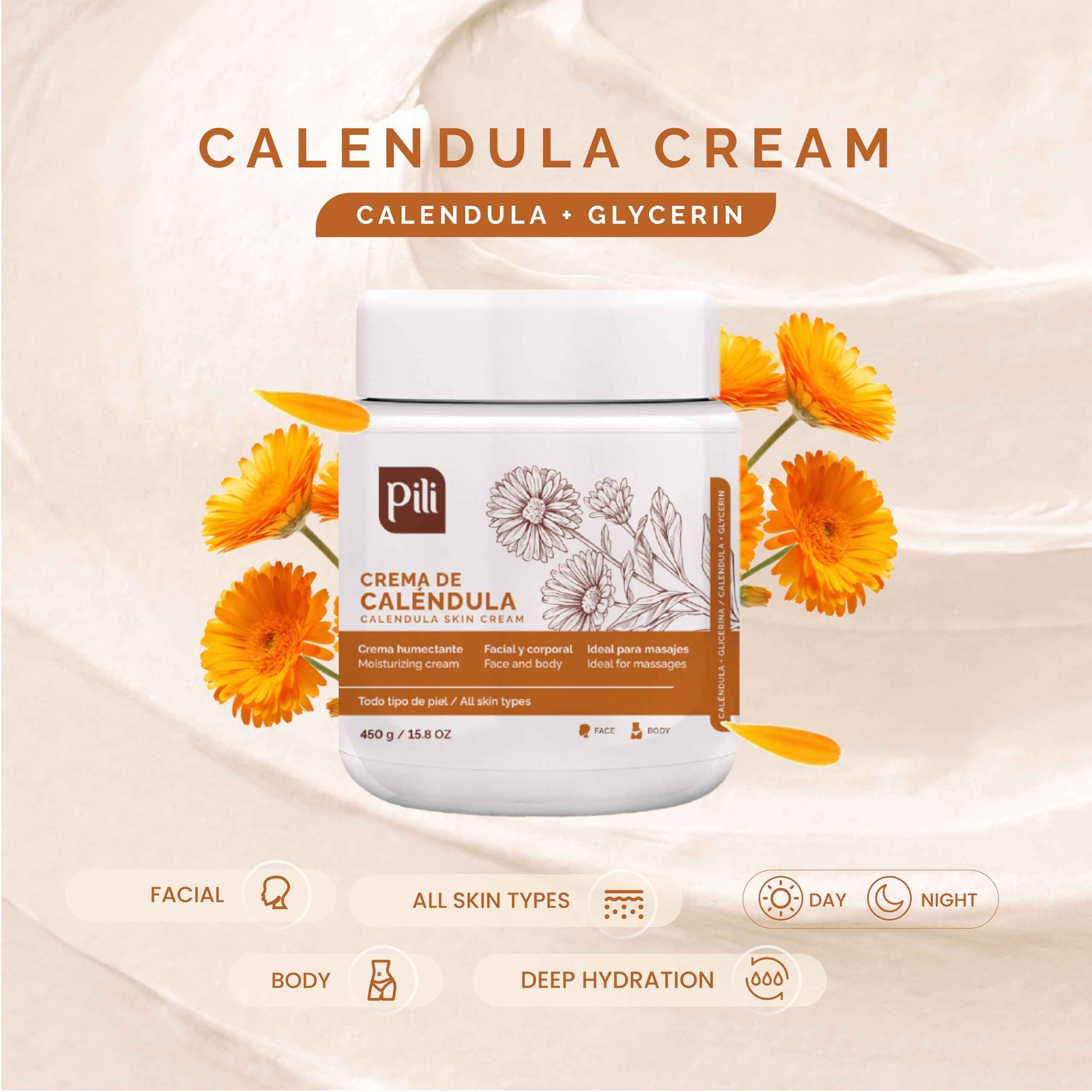 Pili Natural Calendula Cream - Moisturizing Cream for Rough, Dry, or Chapped Skin (15 oz)