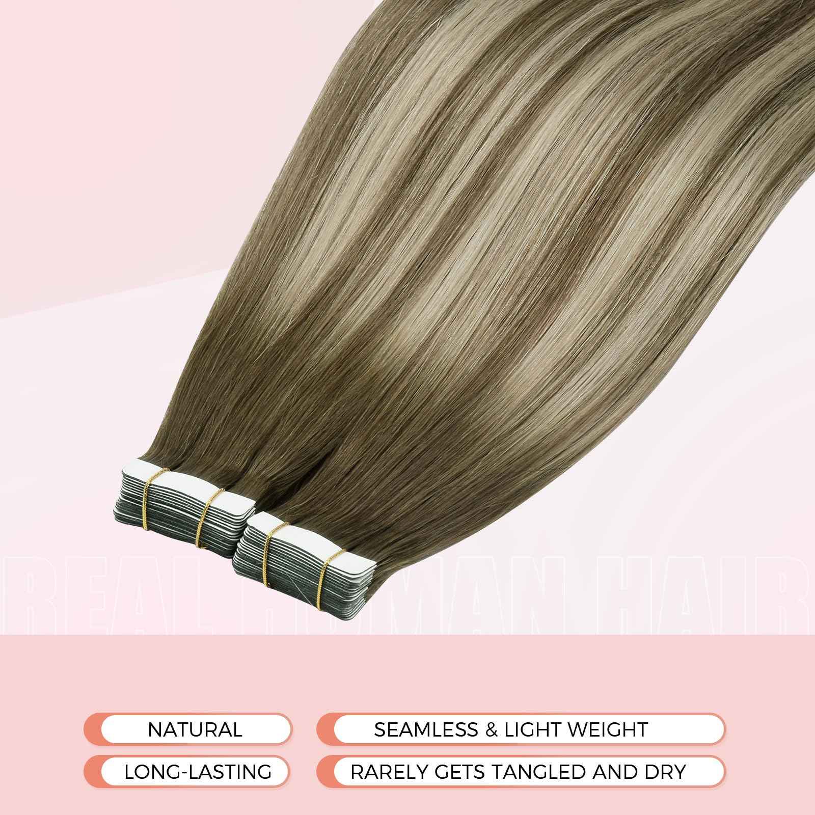 MEI YUAN LIN invisible tape in hair extensions human hair 14Inch 3/8/22 Dark Brown Fading To Brown and Blonde 20pcs 40G remy Hair Extensions PU weft yarn for Party