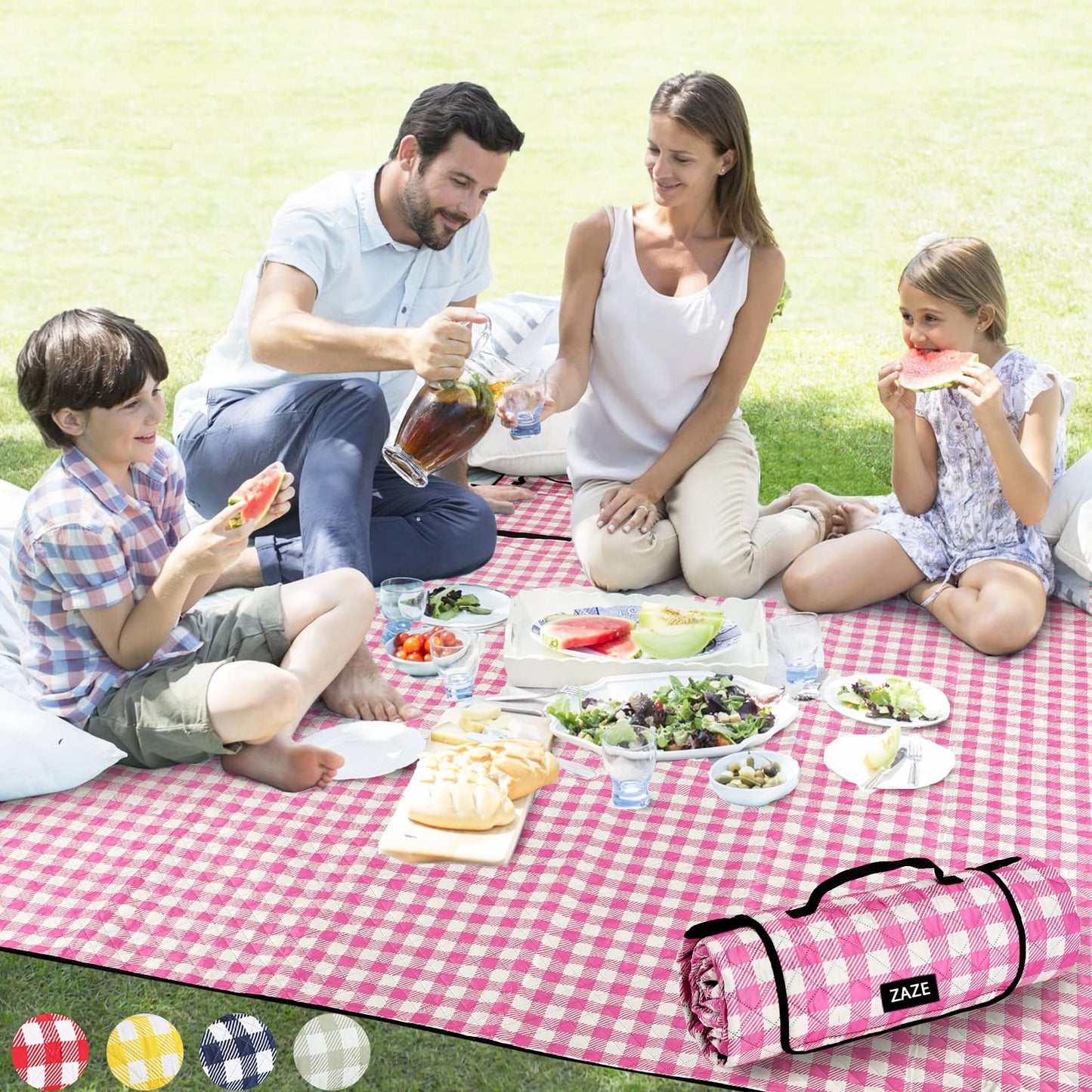 ZAZE Picnic Blanket Waterproof Sandproof, 80''x80'' 3-Layer Cute Compact Extra Large Machine Washable Foldable Beach Mat, Big XL Outdoor Blankets for Spring Summer Camping, Park, Grass(Pink and White)