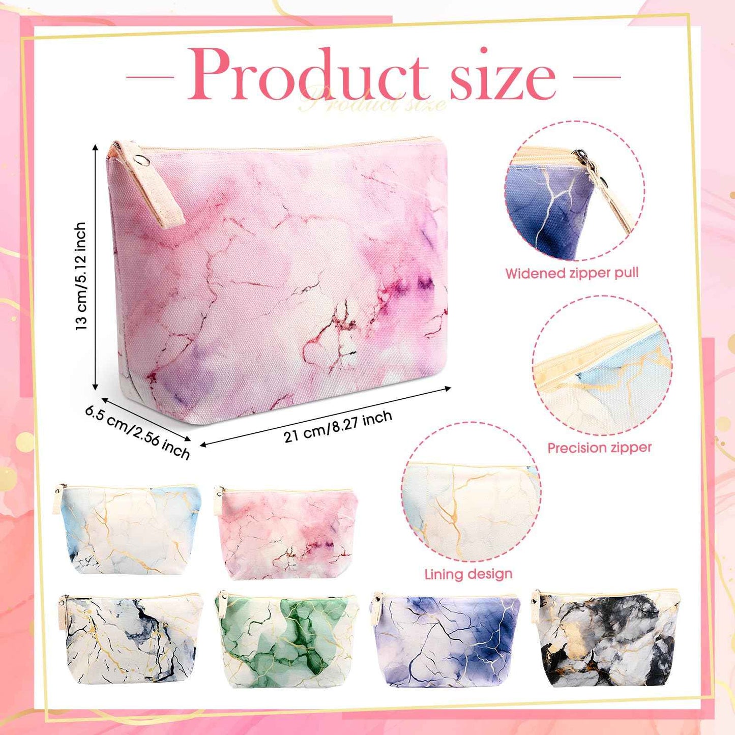 Boao 6 Pieces Canvas Cosmetic Bags Pouches for Purse with Zipper Printed Makeup Bag Multi Function Canvas Travel Pouch Organizer Pouch for Women Vacation Travel, 6 Styles(Marbling Style)
